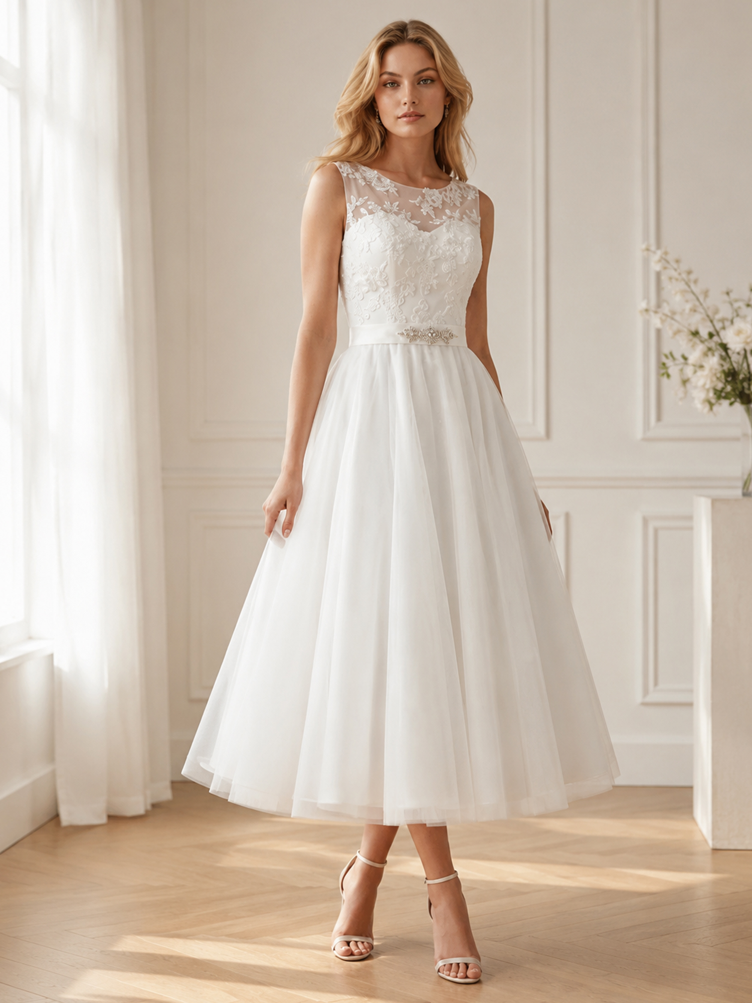 Timeless Ivory Embroidered Tea-Length Wedding Dress