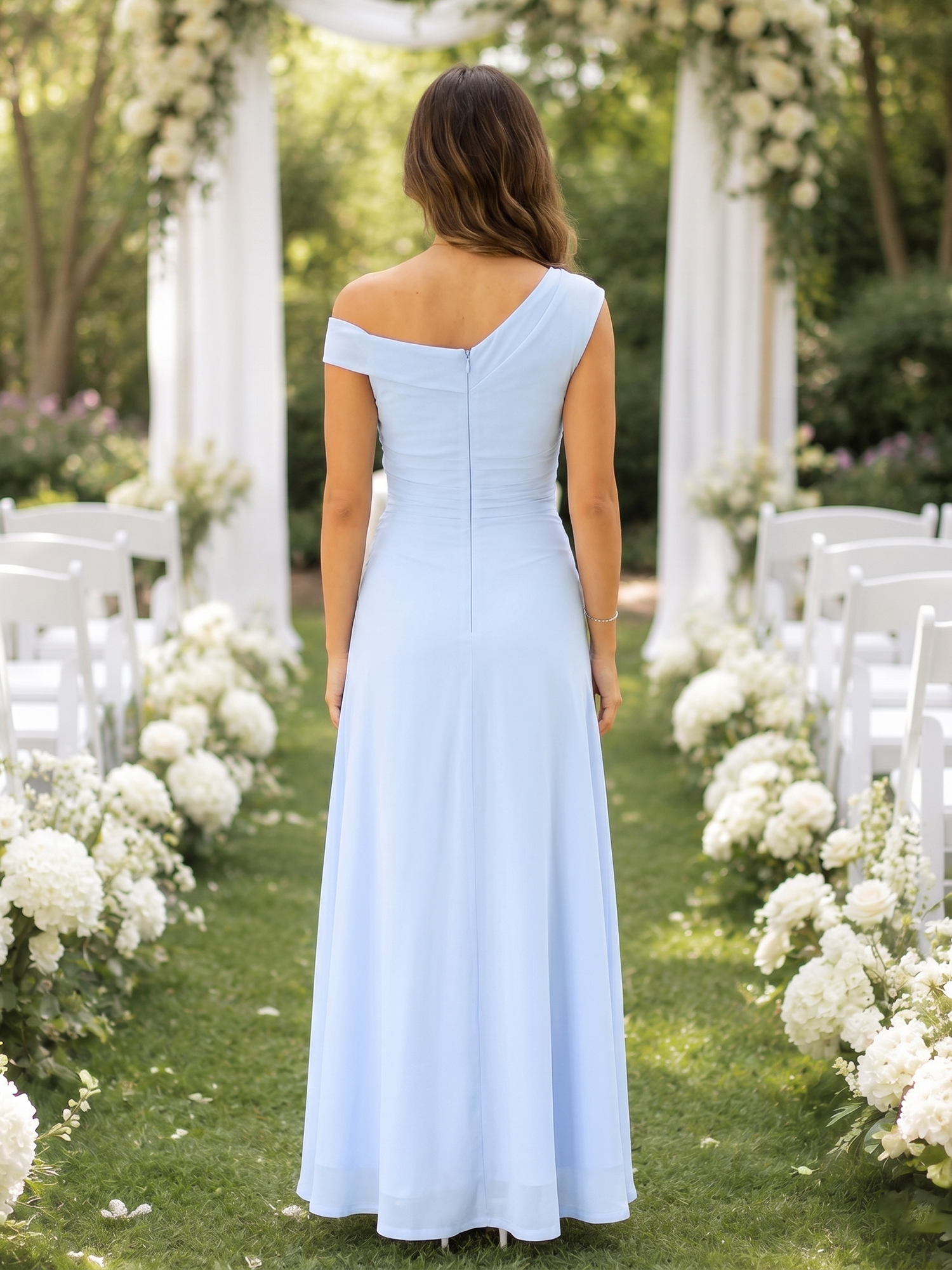Ethereal Powder Blue Asymmetrical Ruched Chiffon Bridesmaid Dress