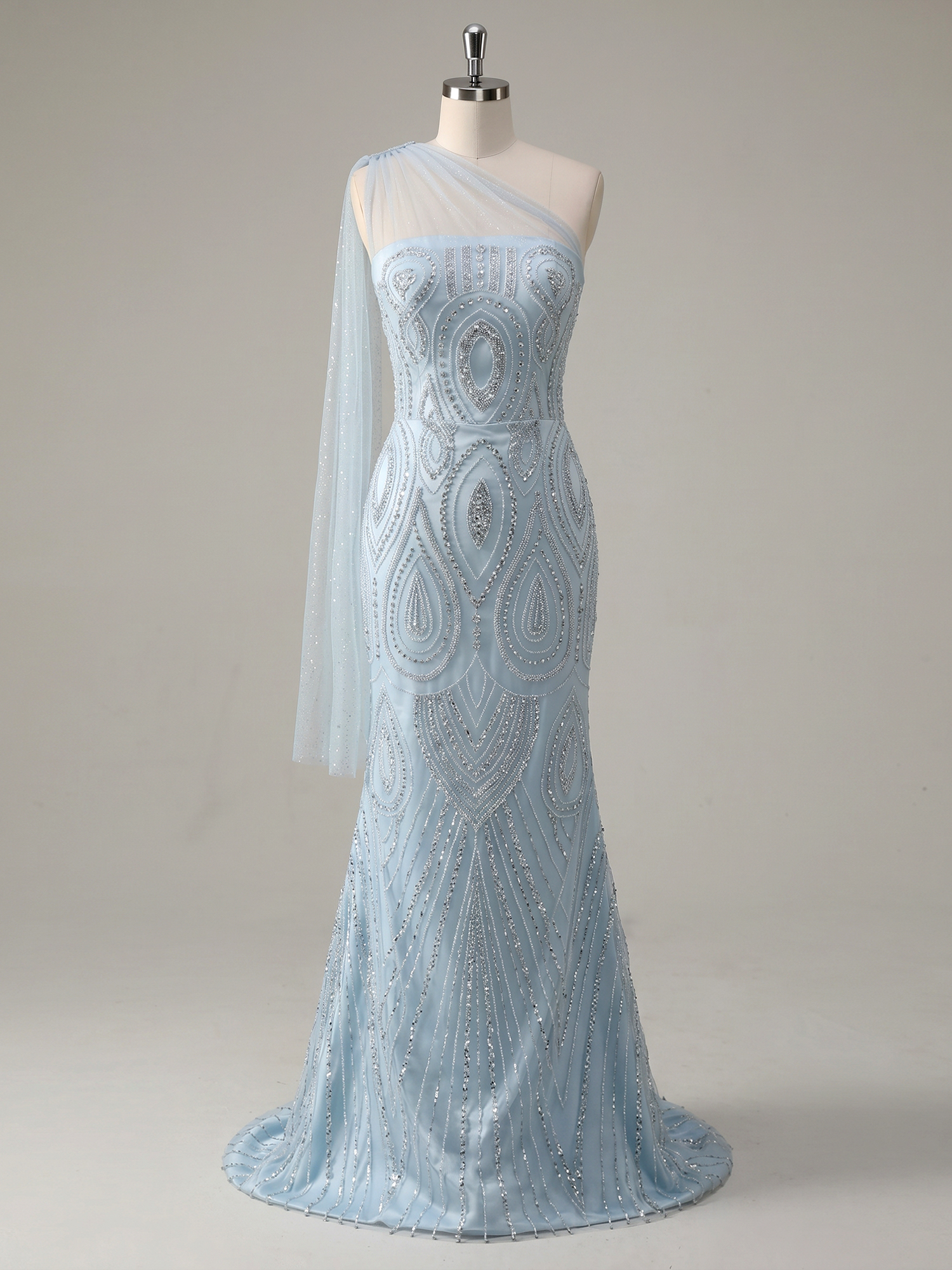 Shimmering Sage One-Shoulder Sequin Mermaid Evening Dress