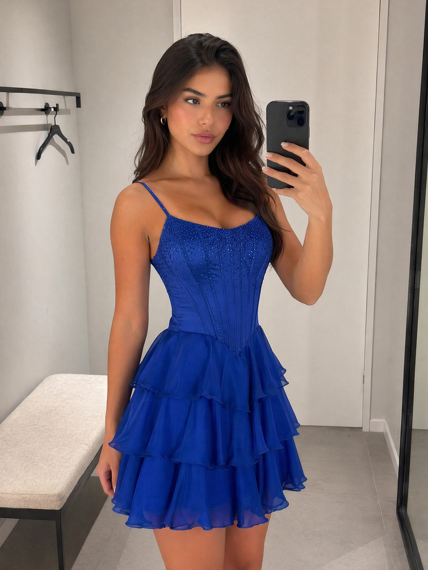 Royal Blue Rhinestone Corset Tiered Ruffle Homecoming Dress