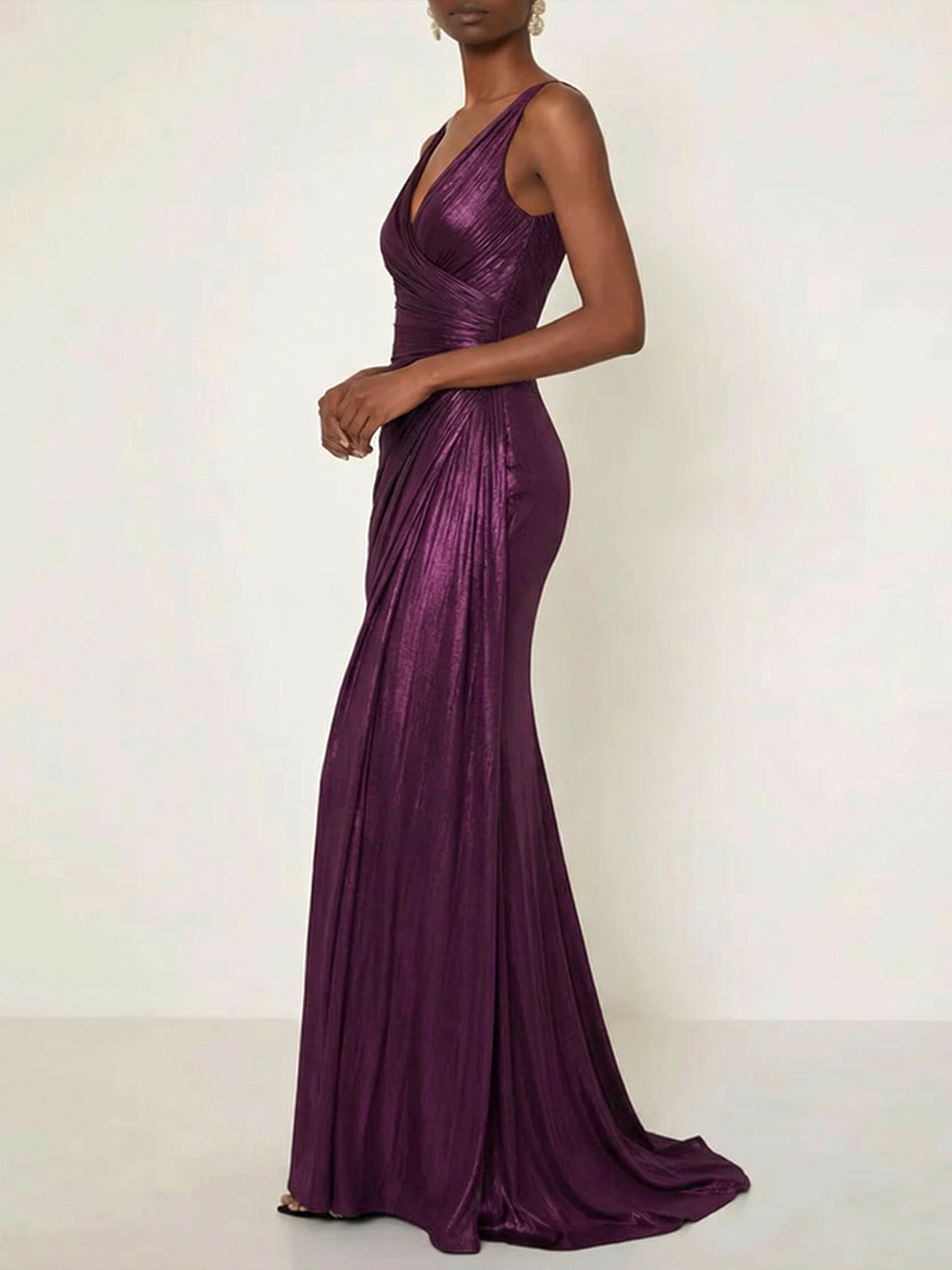 Evening Formal Dress V Neck Silk Ruffles Maxi Dress Gown