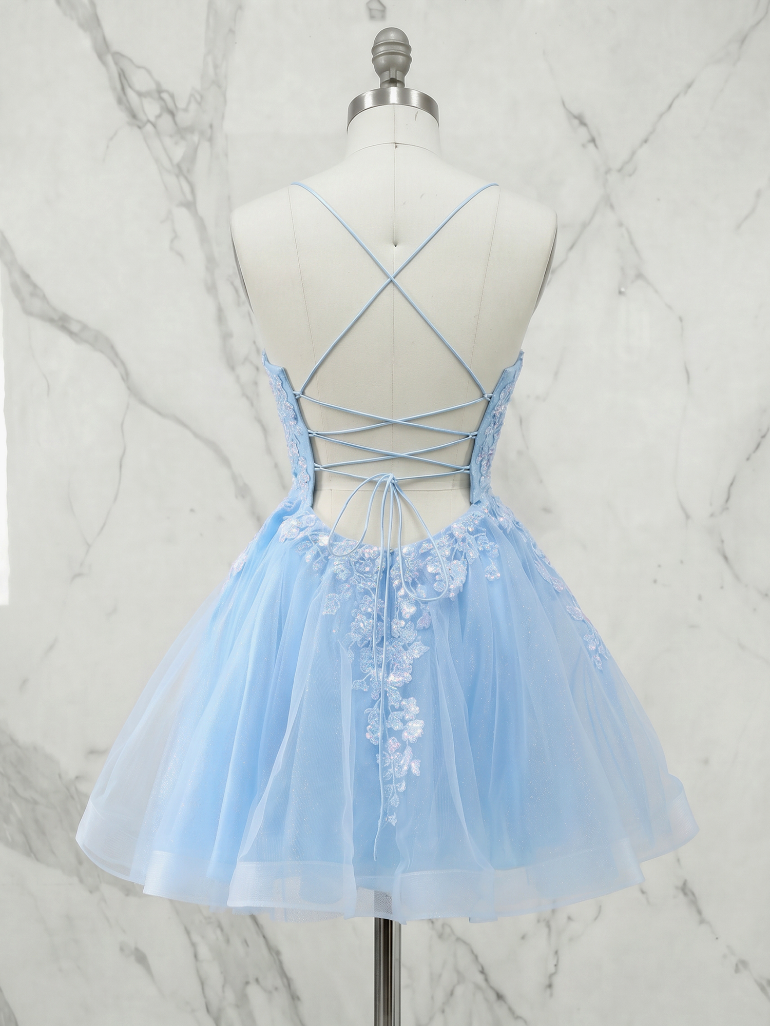 Enchanting Baby Blue Floral Lace Tulle A-Line Homecoming Dress with Lace-Up Back