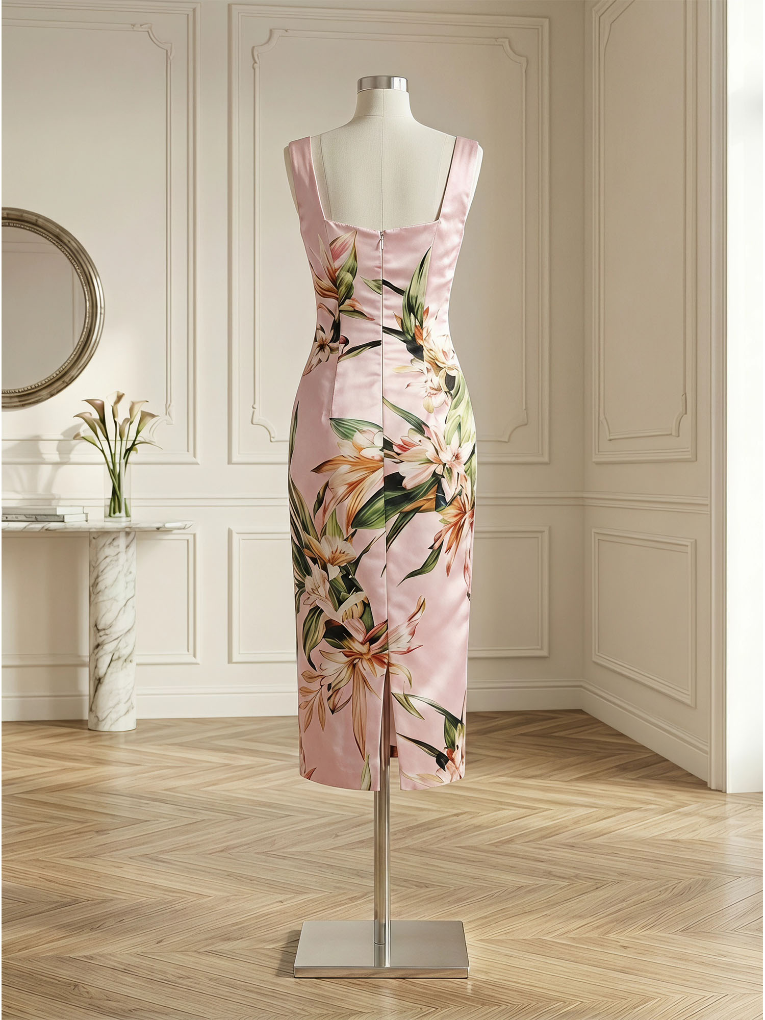Romantic Blush Pink Floral Satin Column Midi Formal Evening Dress