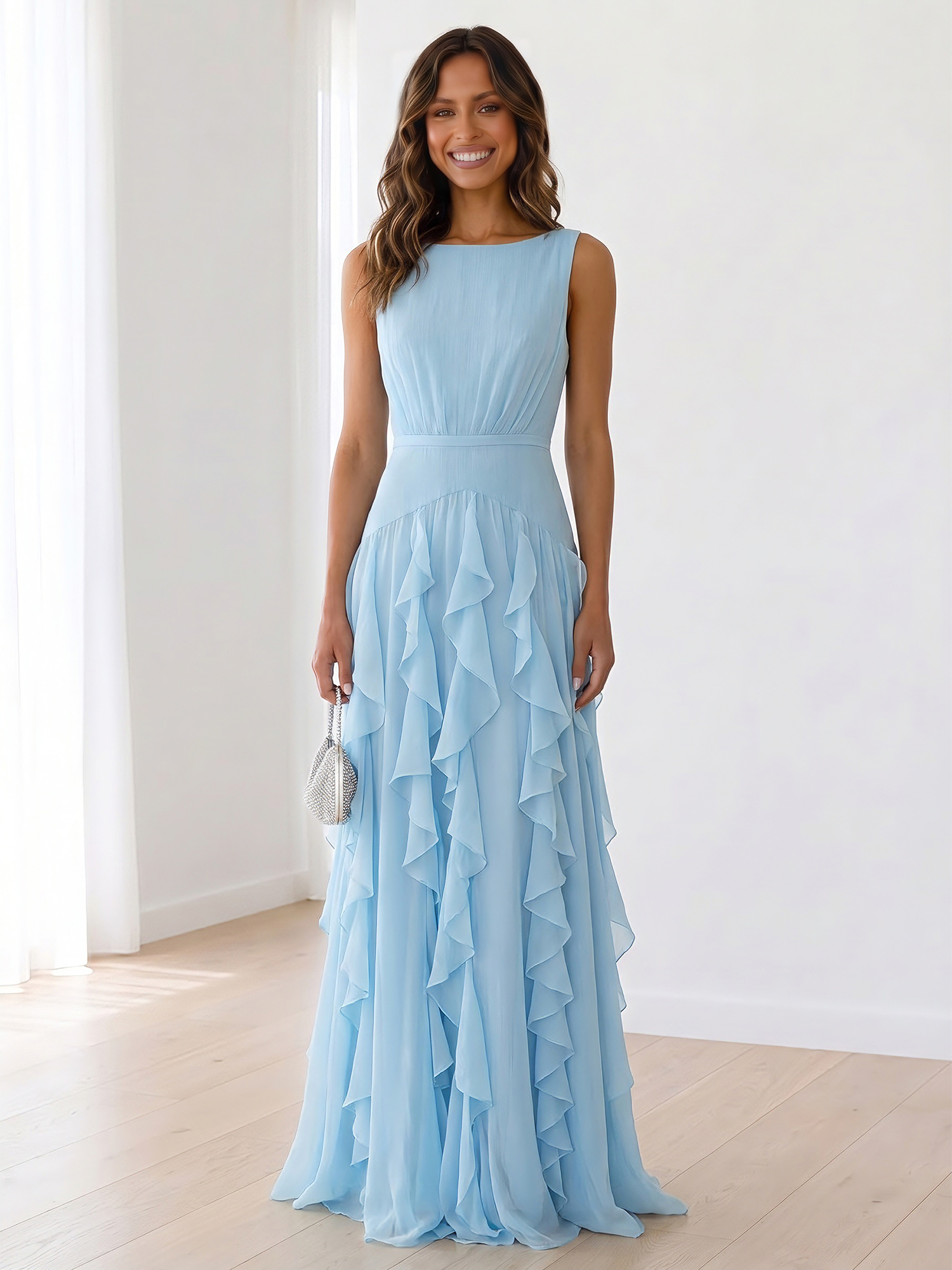 Ethereal Powder Blue Cascading Ruffle Maxi Formal Evening Dress