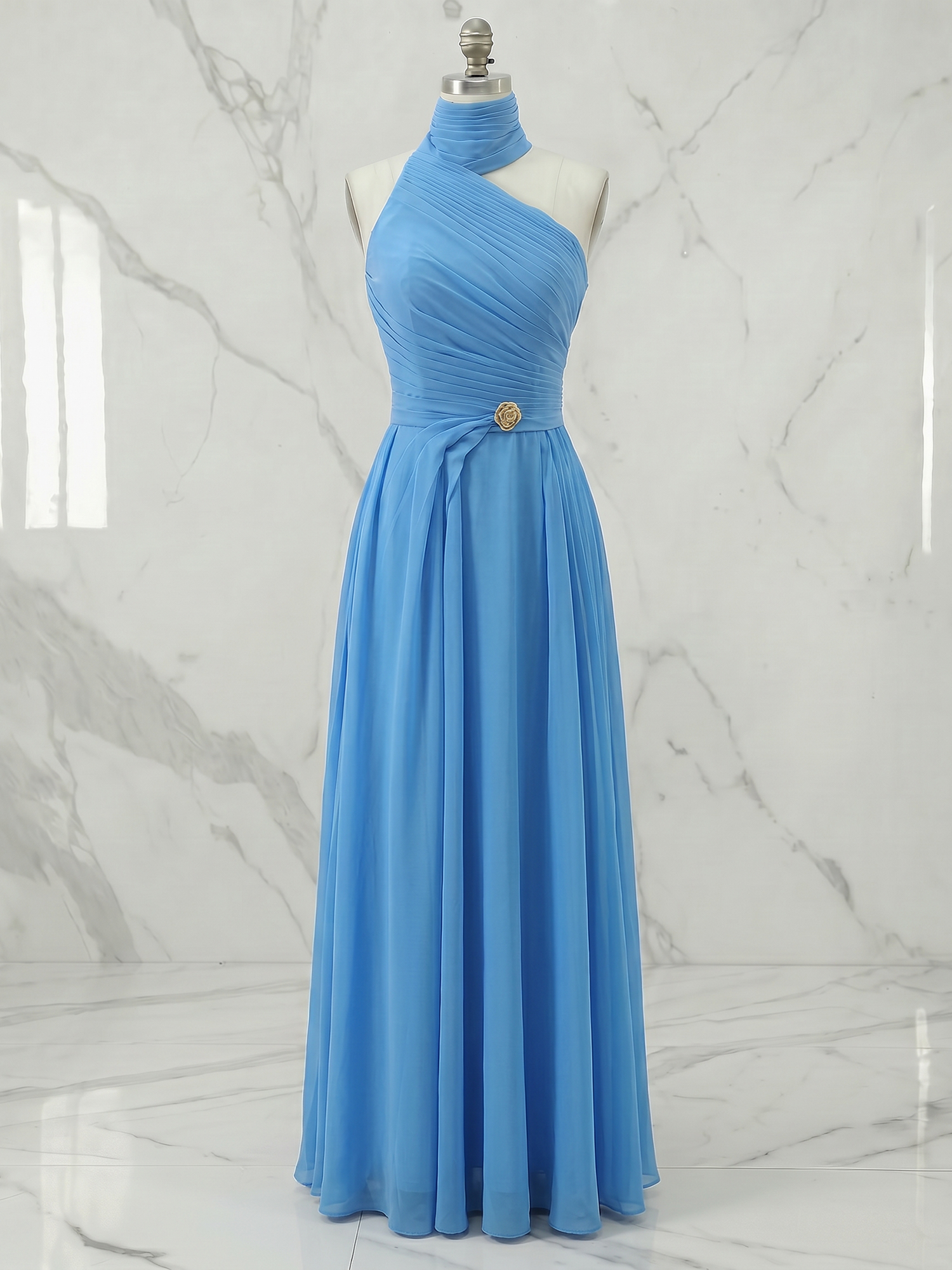 Sky Blue Pleated Chiffon Halter Strapless Formal Evening Dress