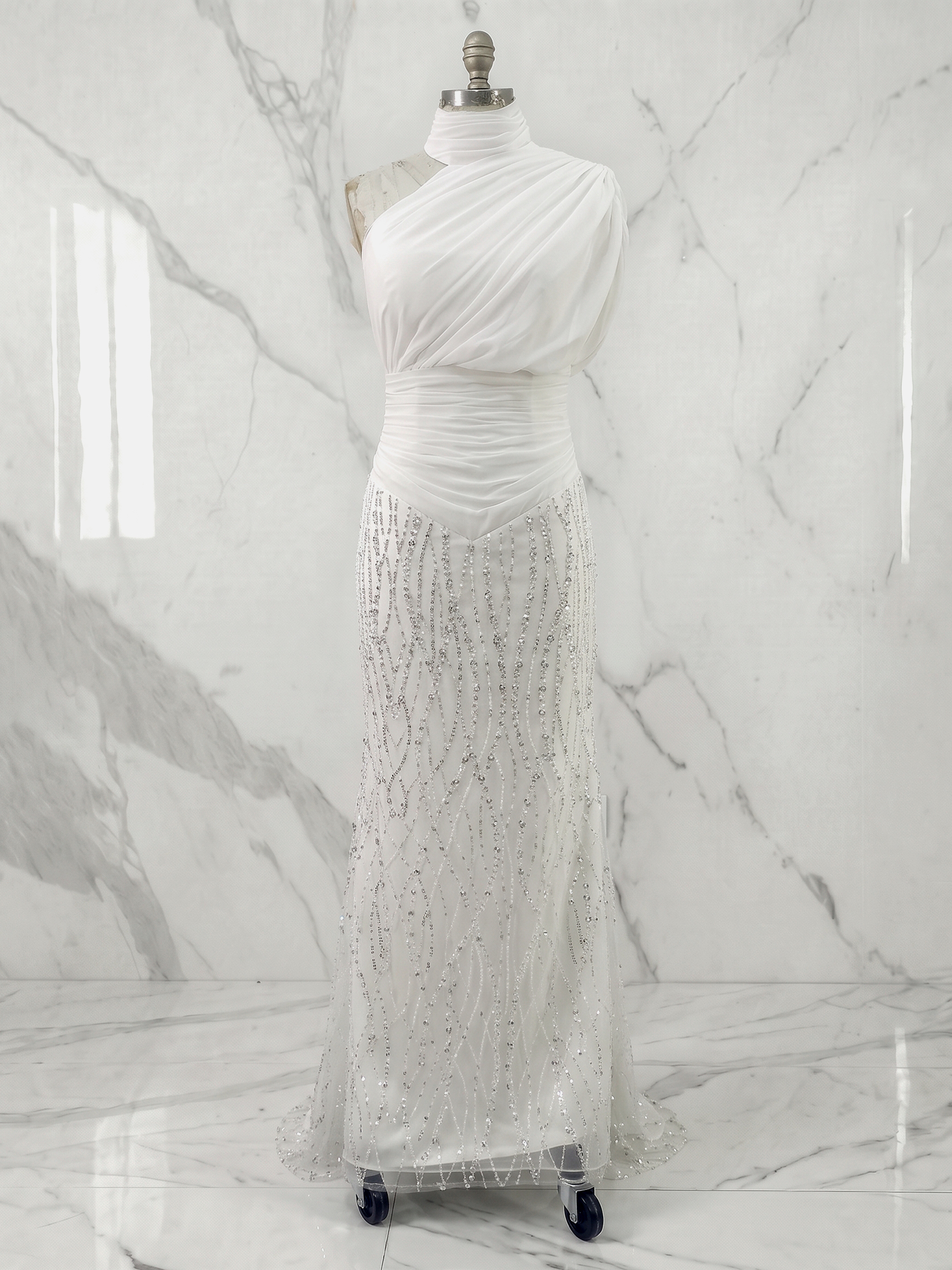 Ethereal White Beaded High-Neck Draped Sheath Formal Evening Dress