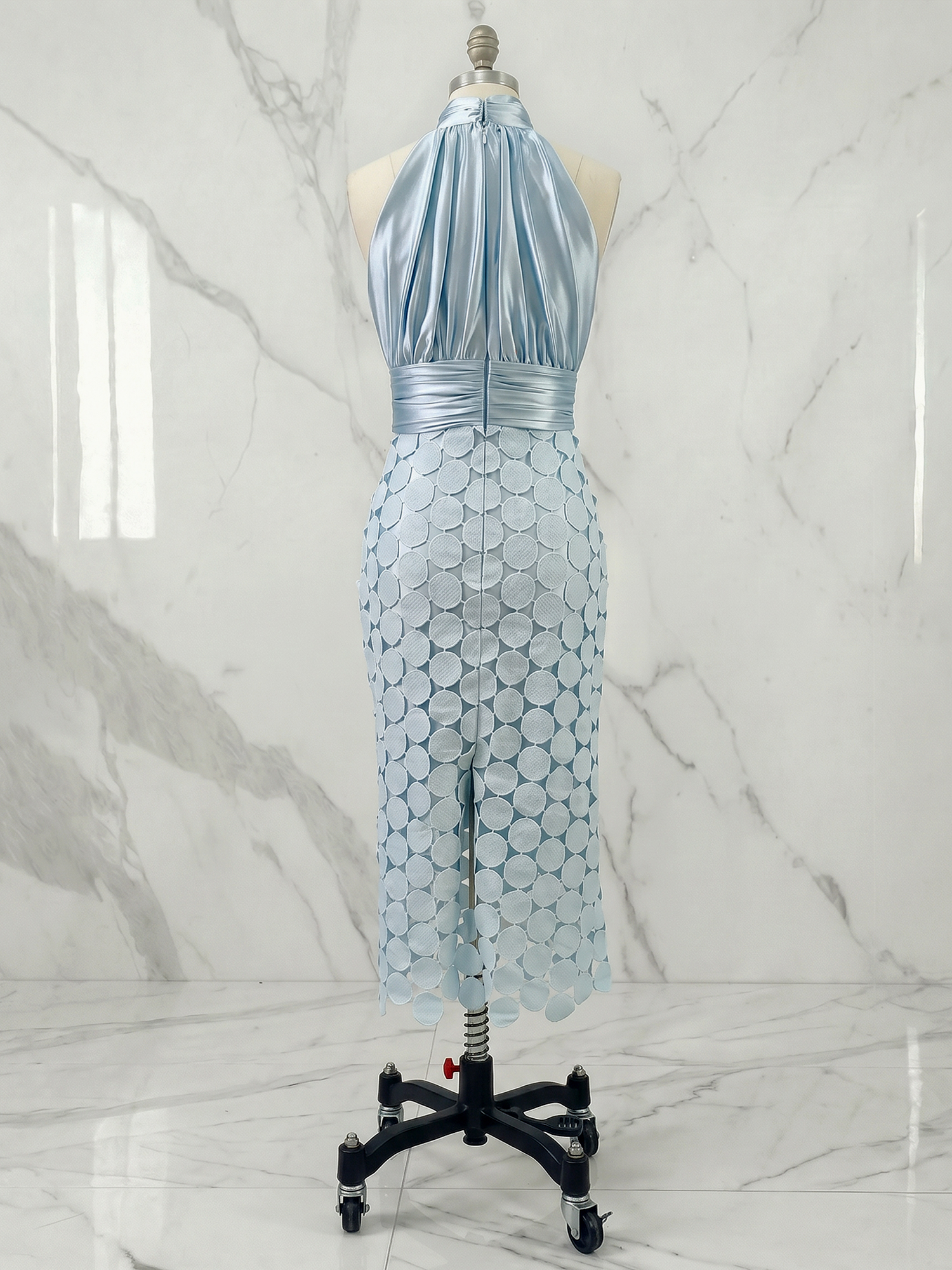 Ice Blue Satin Halter Circle Motif Midi Formal Evening Gown