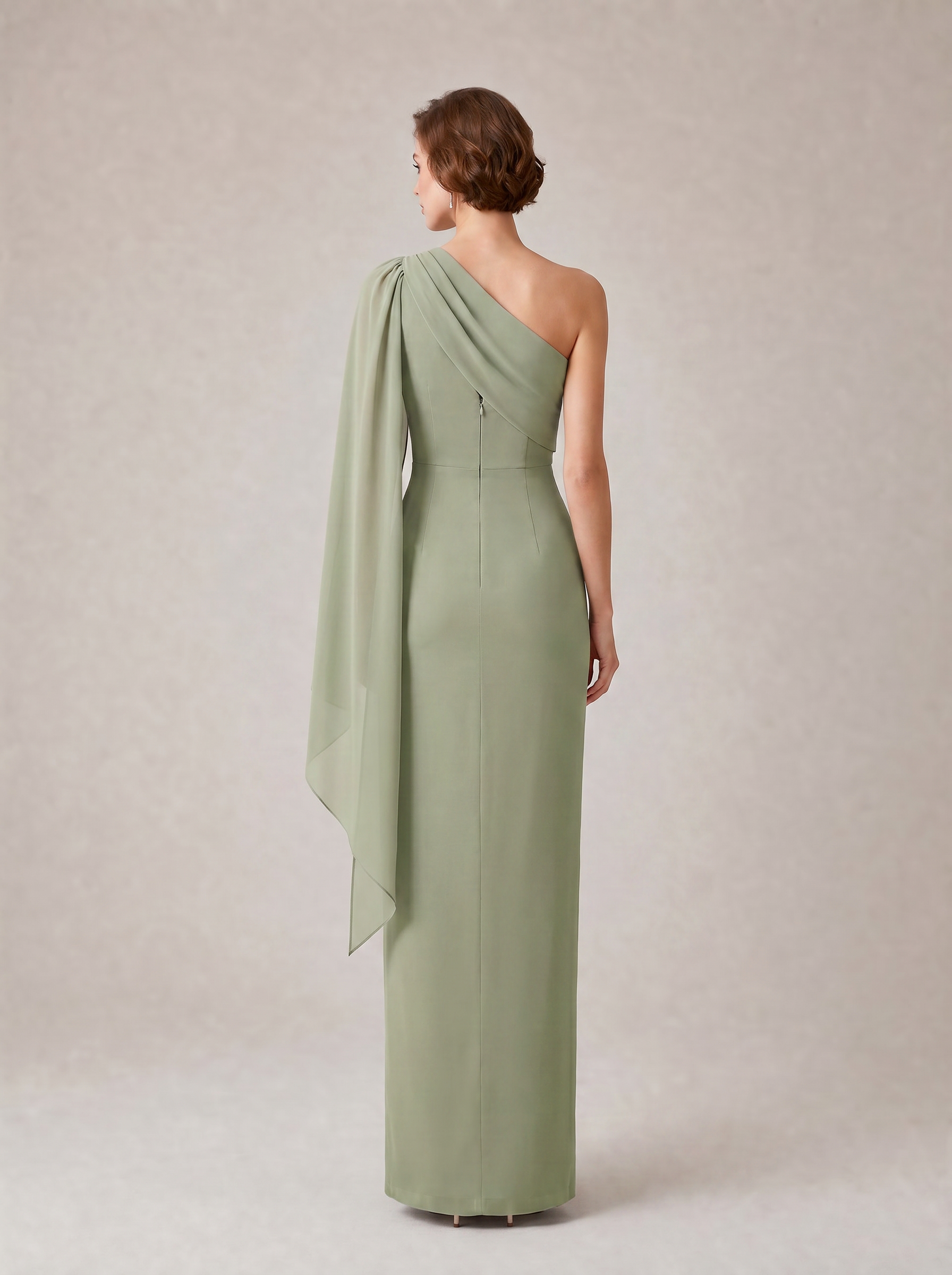 Sophisticated Sage Column Formal Evening Dress with Draped Chiffon Cape Detai
