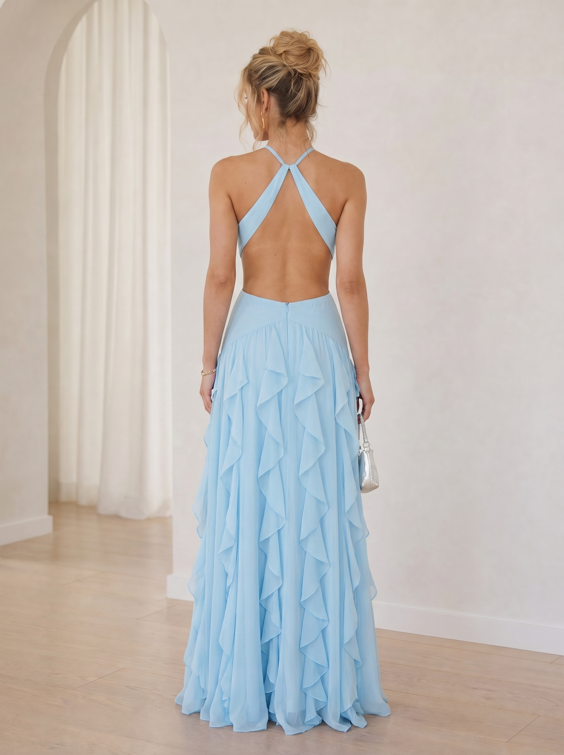 Sky Blue Ruffled Halter Cutout A-Line Formal Evening Dress With Slit