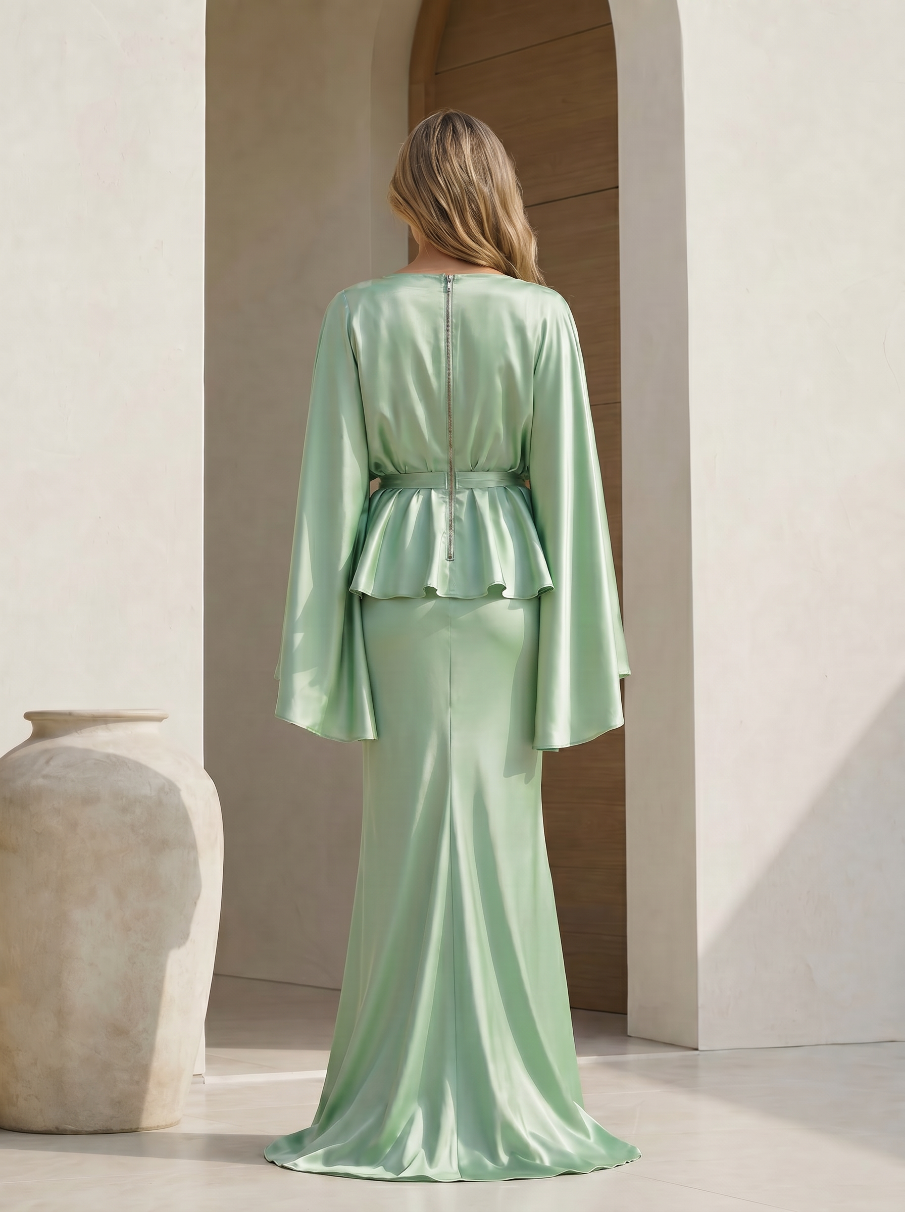 Ethereal Mint Satin Peplum High Neck Maxi Formal Evening Dress