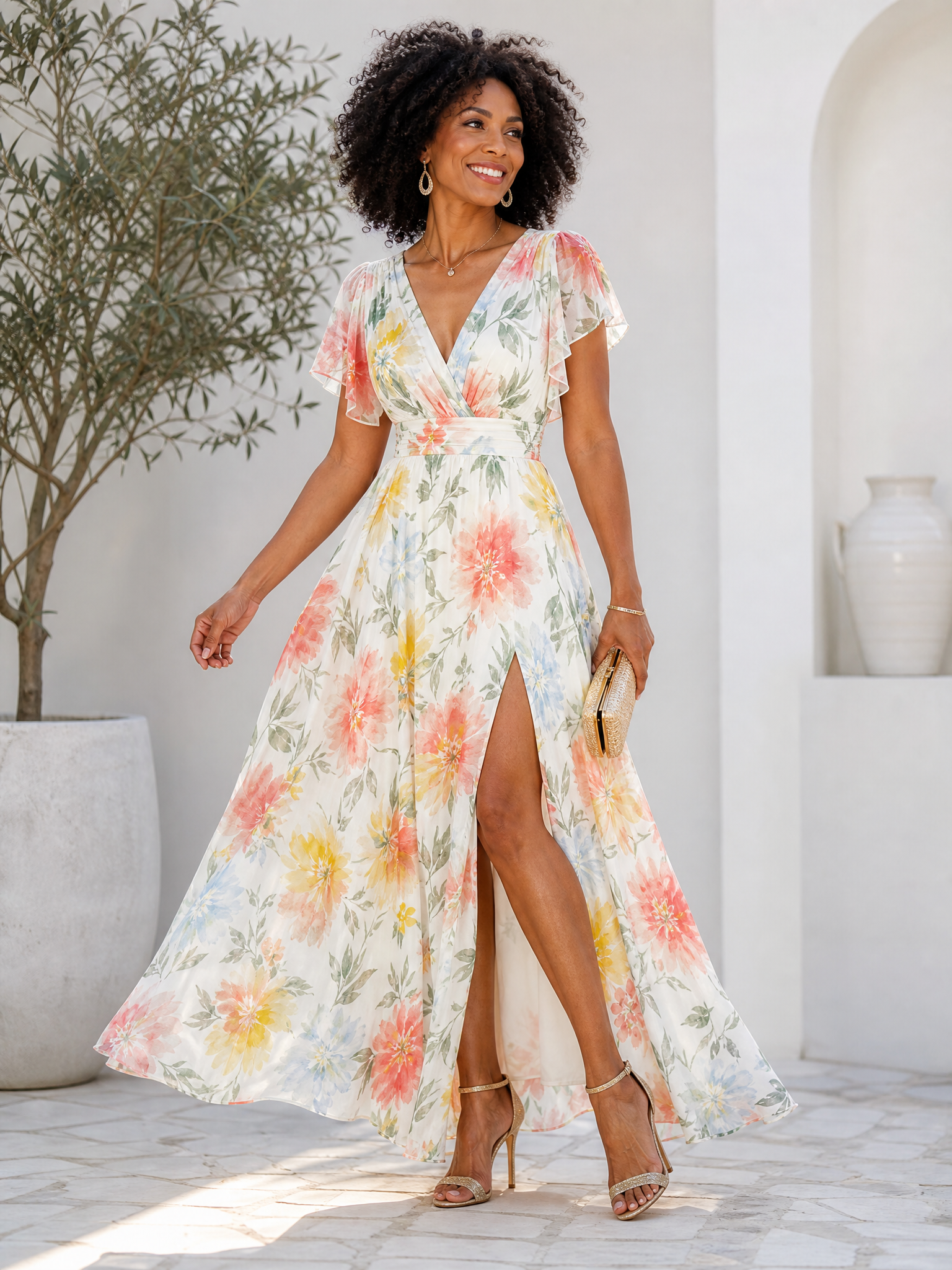 Luminous Ivory Floral Chiffon Flutter-Sleeve A-Line V-Neck Formal Evening Dress 