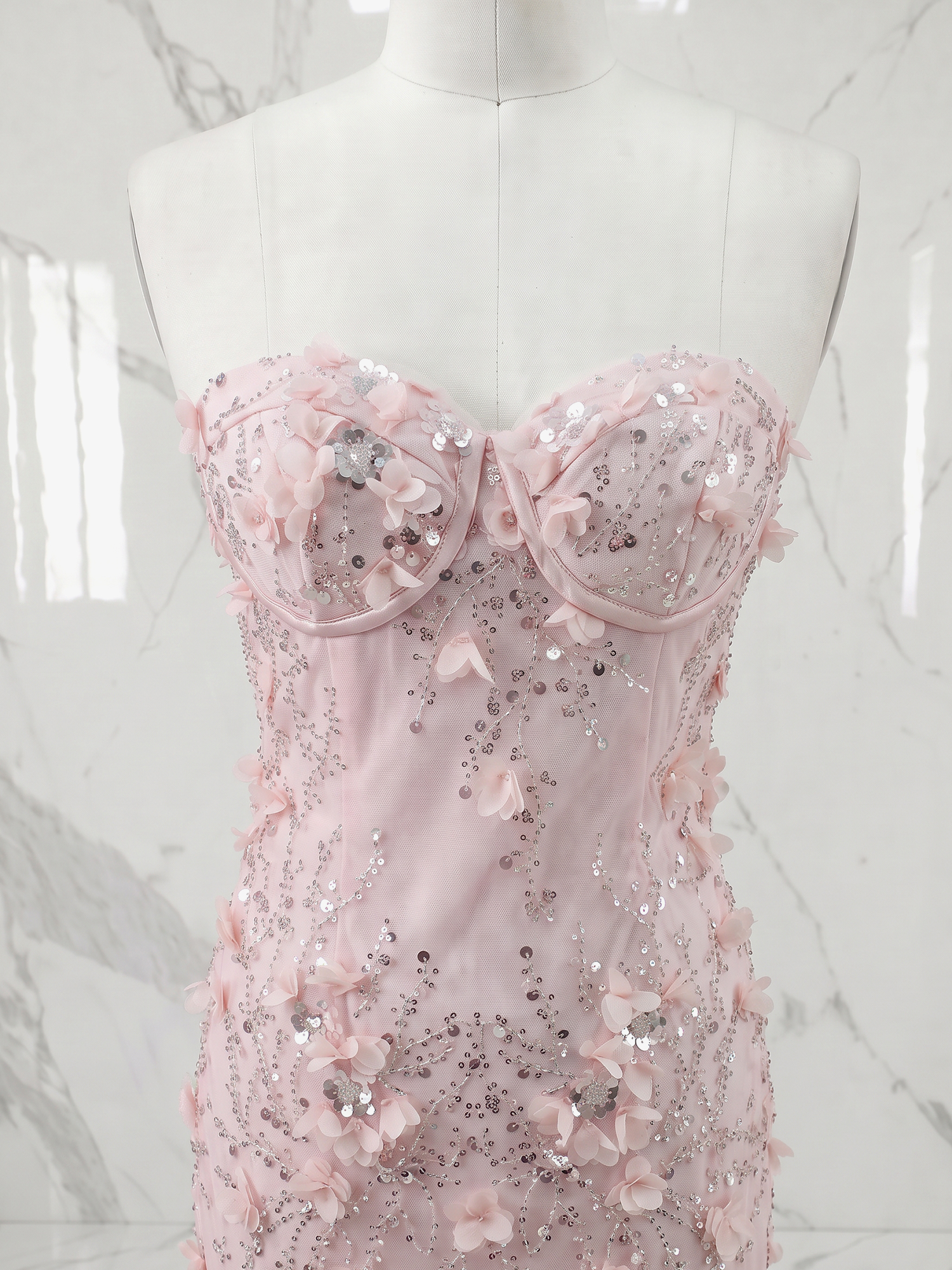 Enchanting Blush Pink 3D Floral Sequin Corset Sheath Homecoming Dress