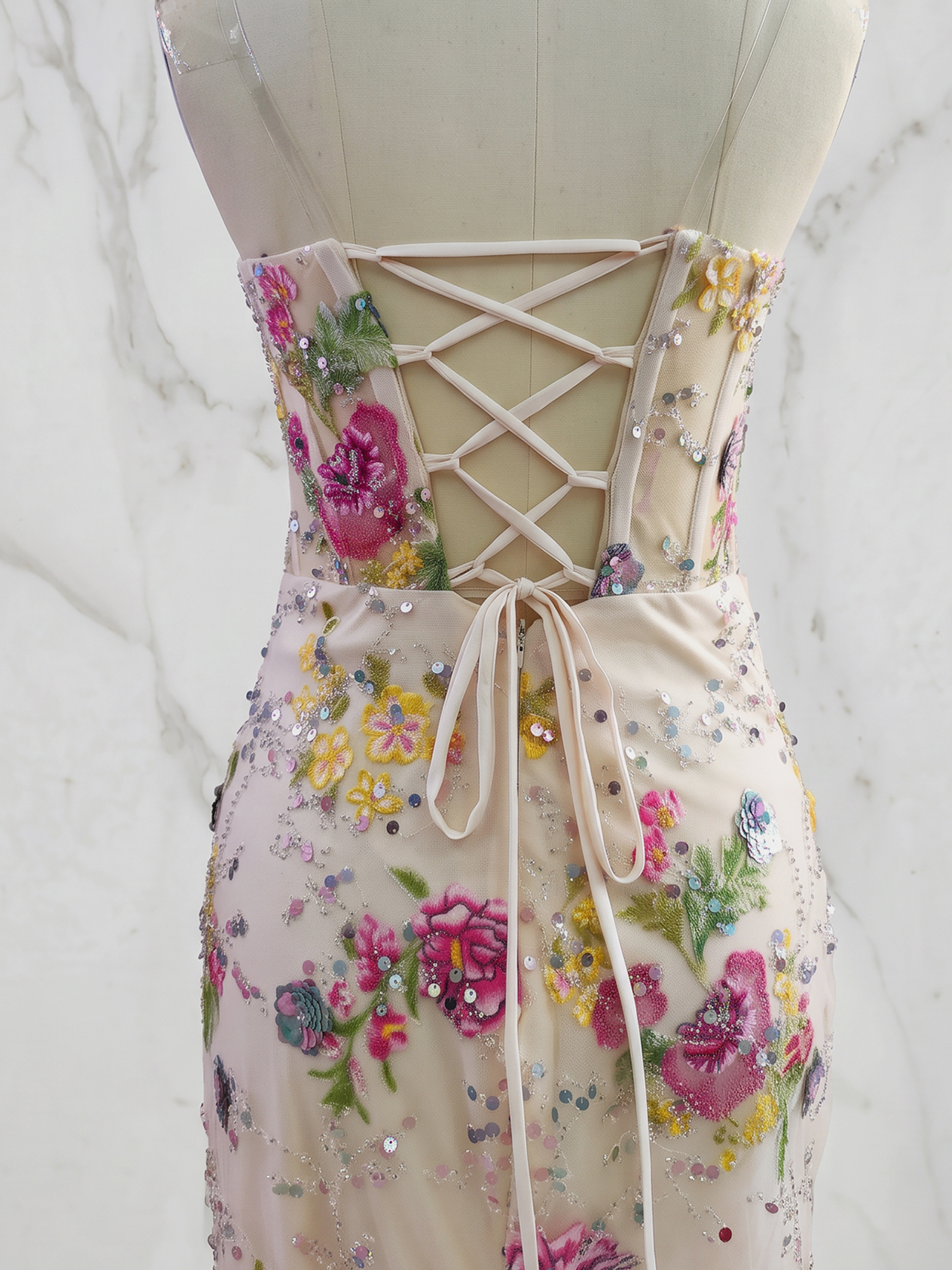Champagne Floral Embroidered Sequin Corset Slit Maxi Prom Dress