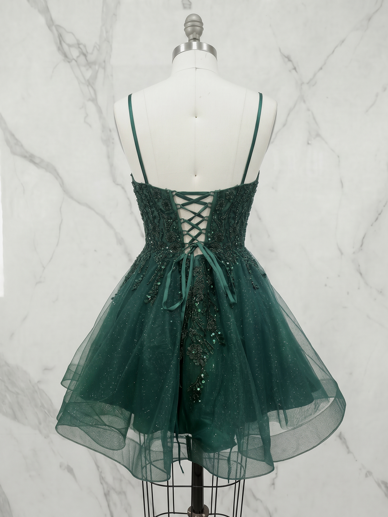 Emerald Enchantment Beaded Corset Glitter Tulle Mini Dress Homecoming Dress