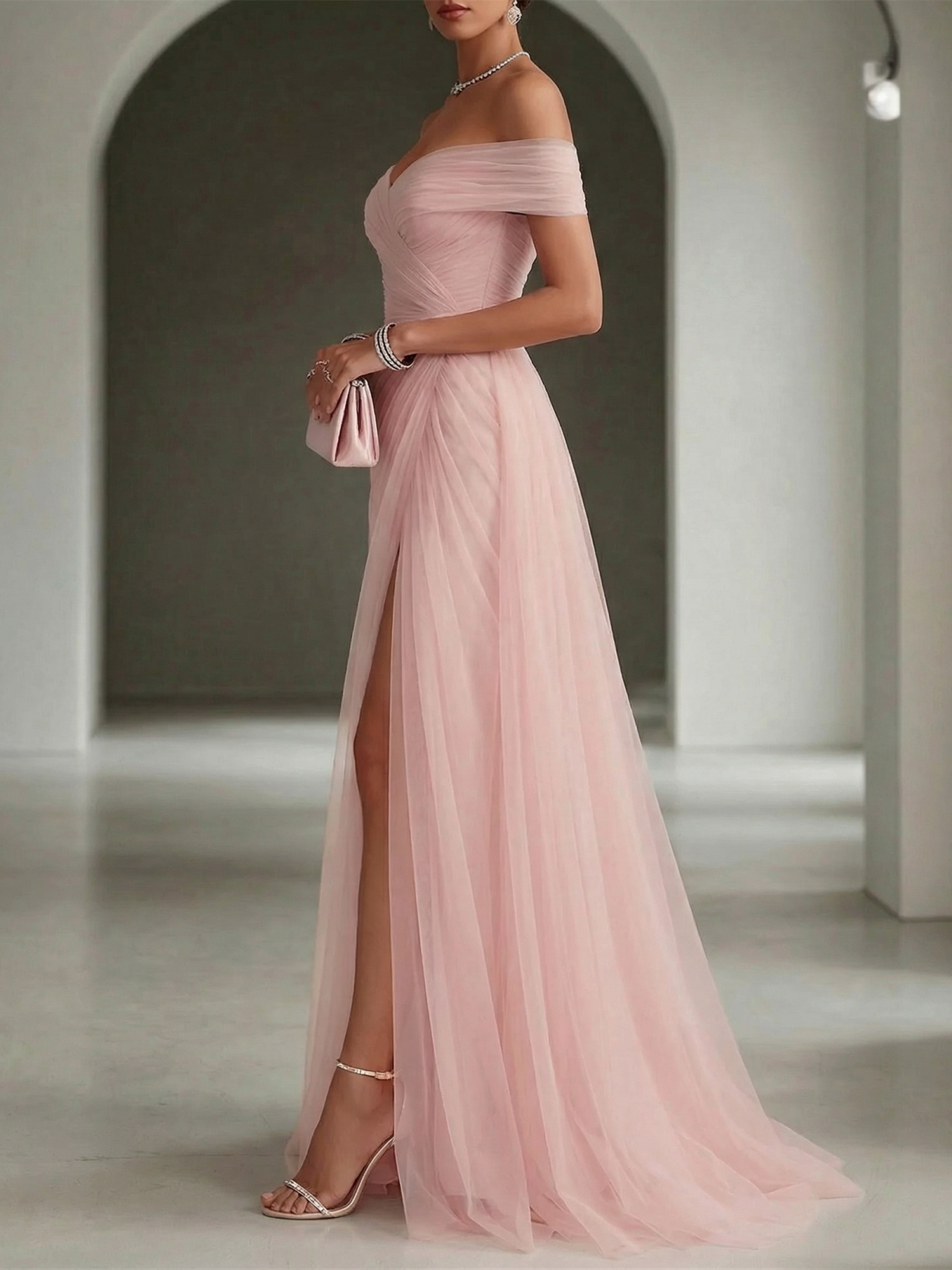 Blush Ruched Slit Tulle Off the Shoulder Sleeveless Sheath Gown Dress