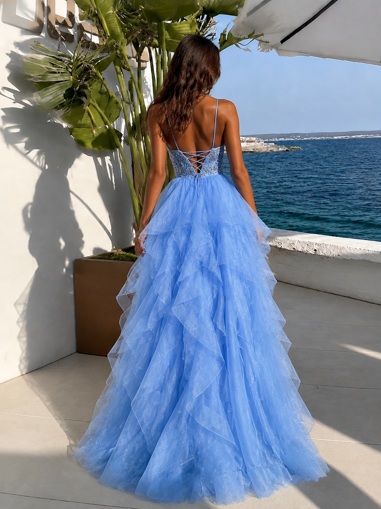 Mini Prom Dress Ruffle Pevafe Prom Dress Powder Blue Crystal-Embellished V-Neck Spaghetti ...