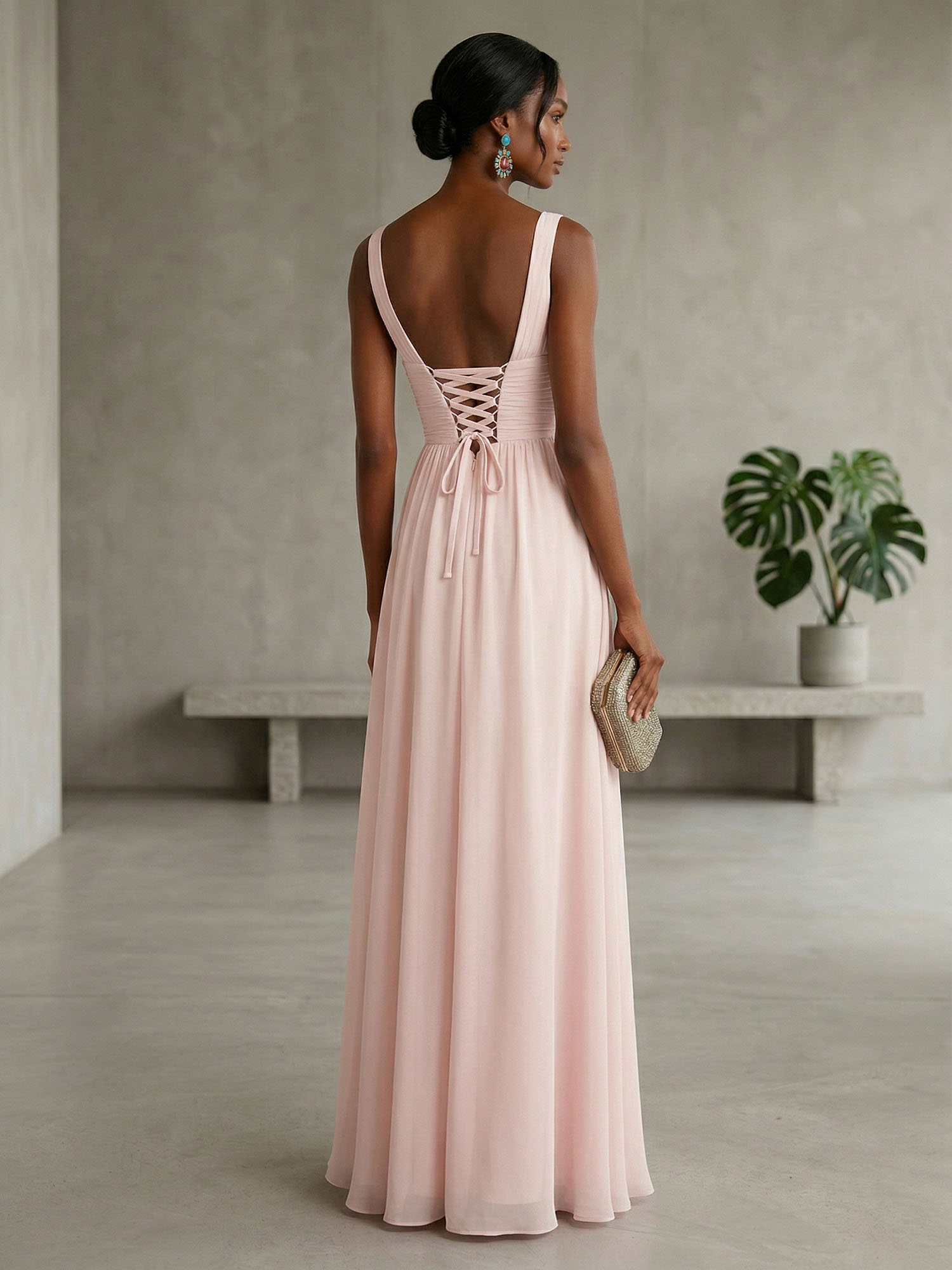 Elegant Soft Blush Twist-Front Chiffon Maxi Gown