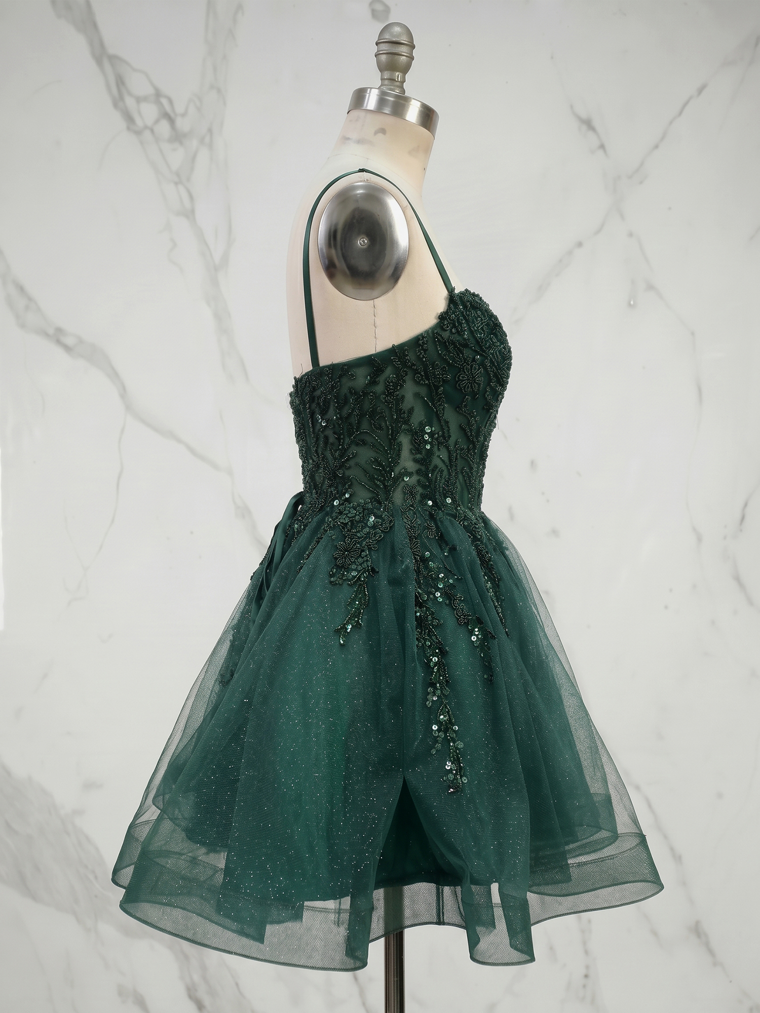 Emerald Enchantment Beaded Corset Glitter Tulle Mini Dress Homecoming Dress