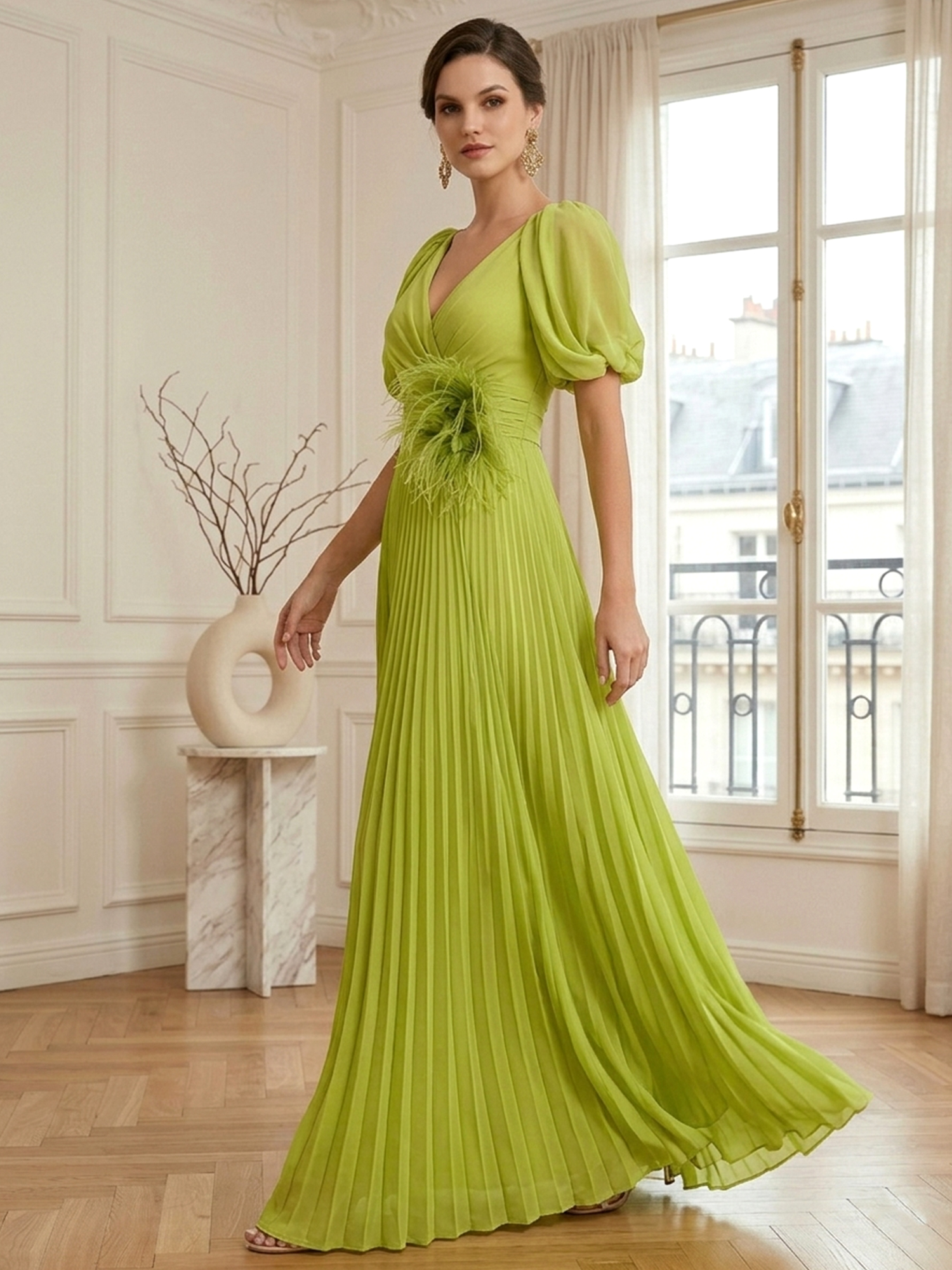 A-Line Chiffon Evening Gown with Feather V-Neck Short Sleeves Formal Dress