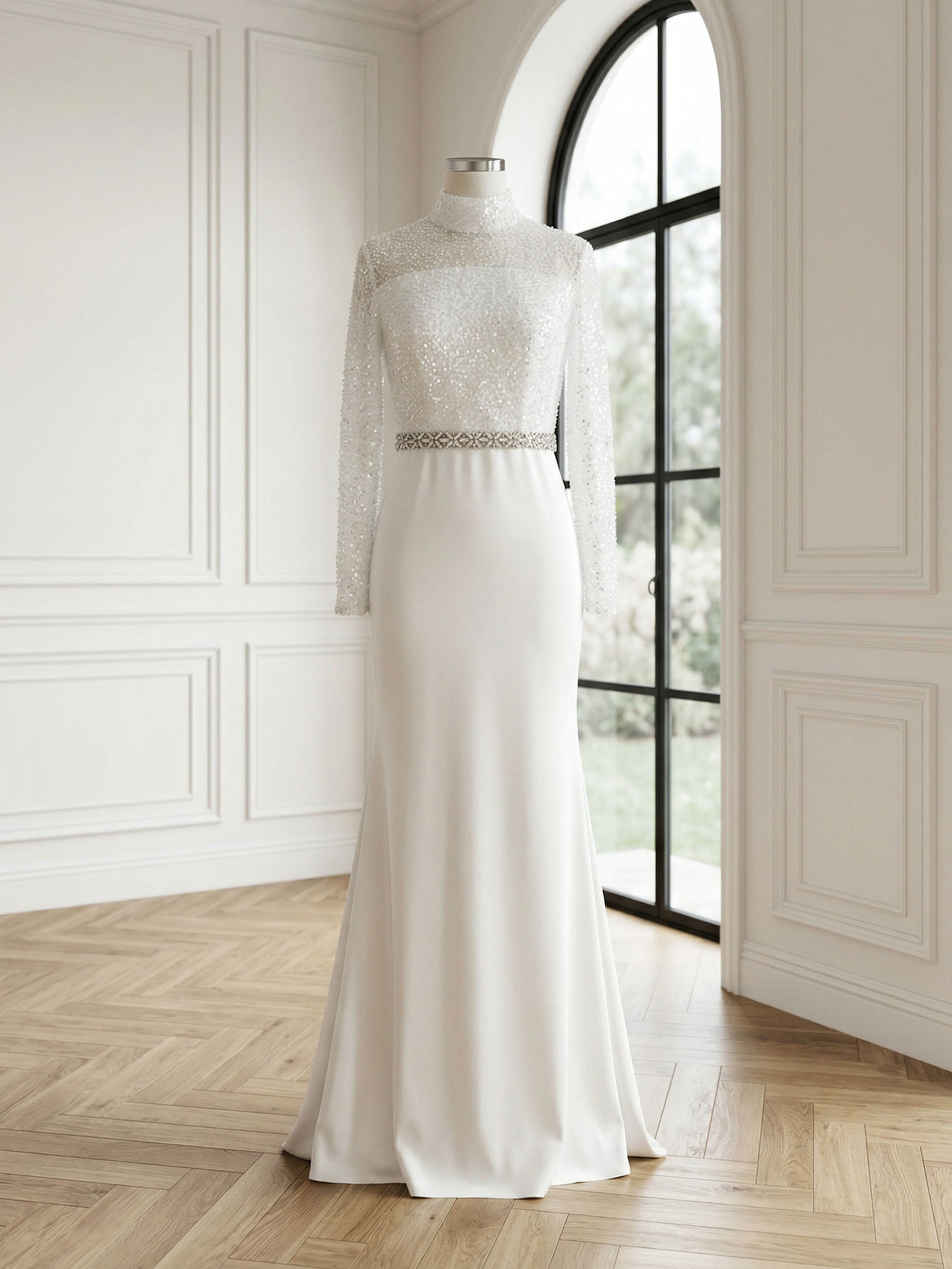 Formal Dress White Sheath Illusion Neck Beaded Chiffon Maxi Dress