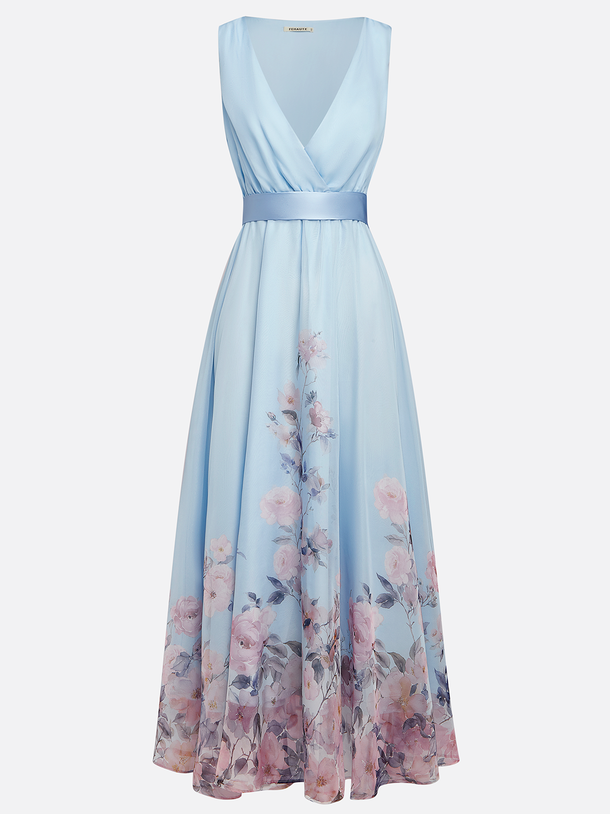 V-Neck Floral Print Chiffon Maxi Evening Dress with Satin Waist Bow