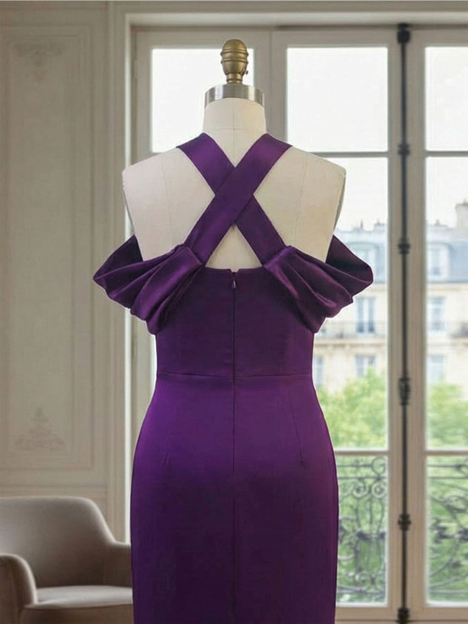  Regal Plum Crepe Column Gown with Satin Criss-Cross Halter Maxi Dress