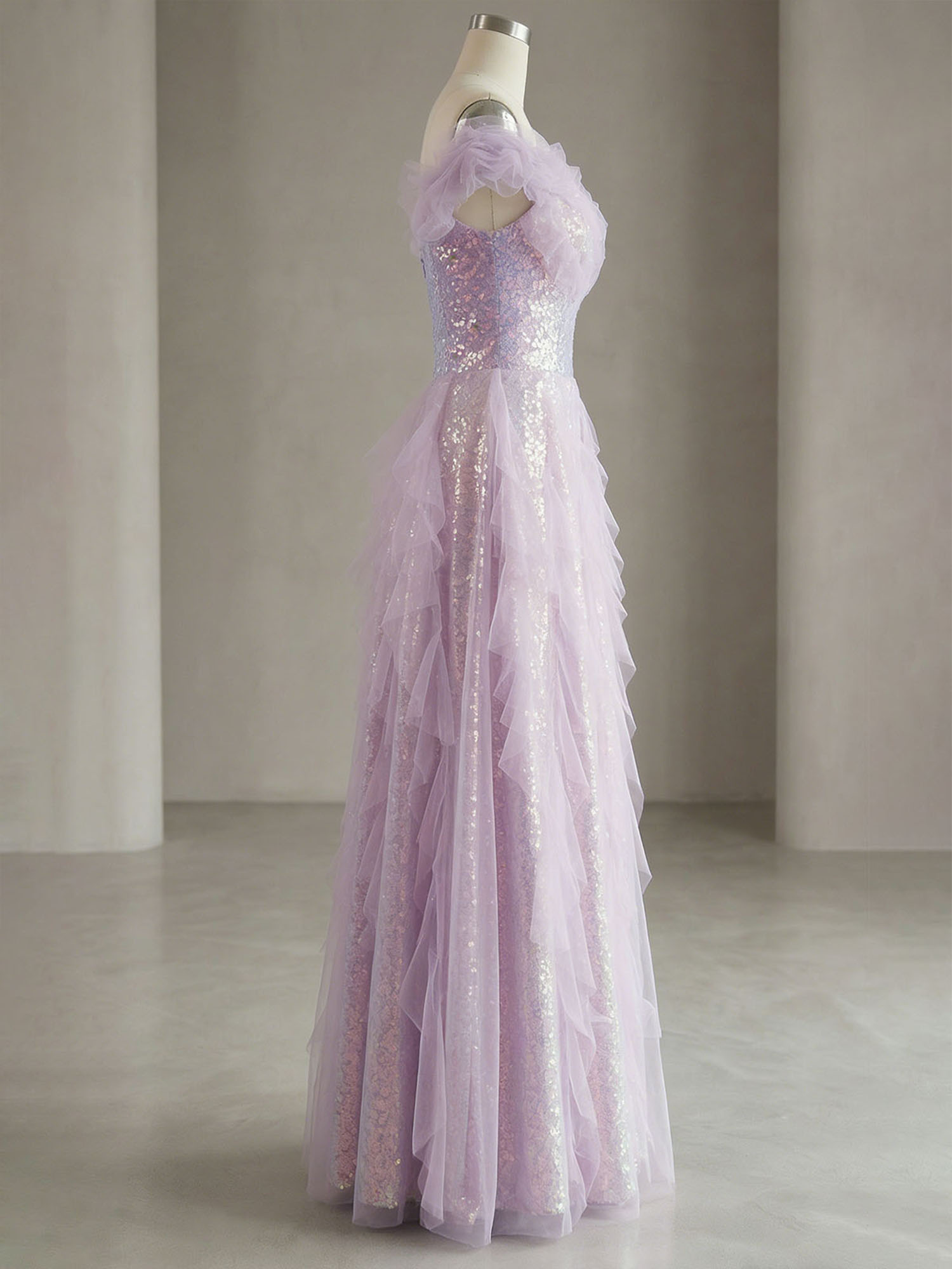 Enchanting Off-the-Shoulder Sequin Tulle A-Line Gown with Ruffled Detailing