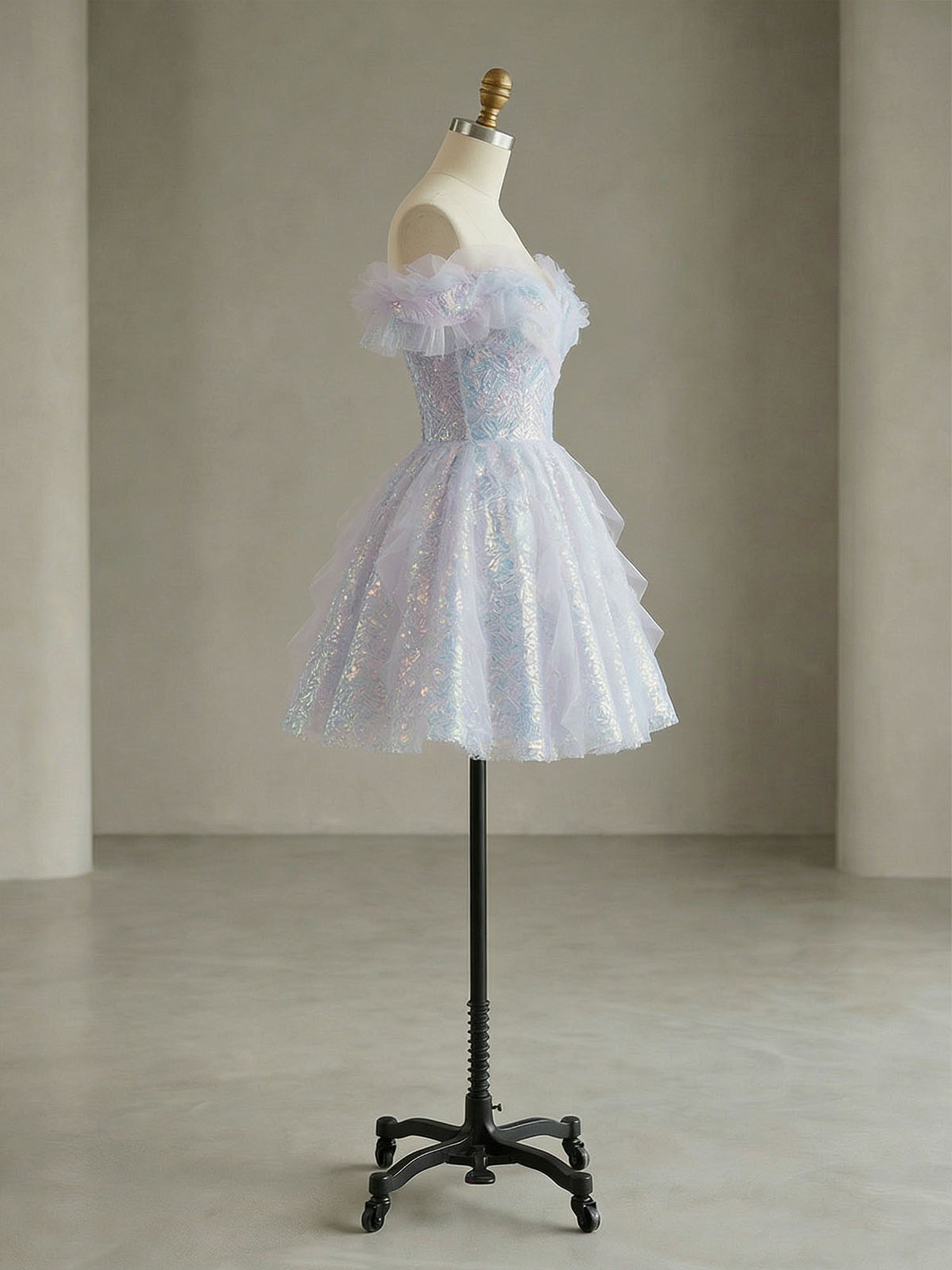 Enchanting Off-the-Shoulder Ruffled Sequin A-Line Short Dress with Corset Back