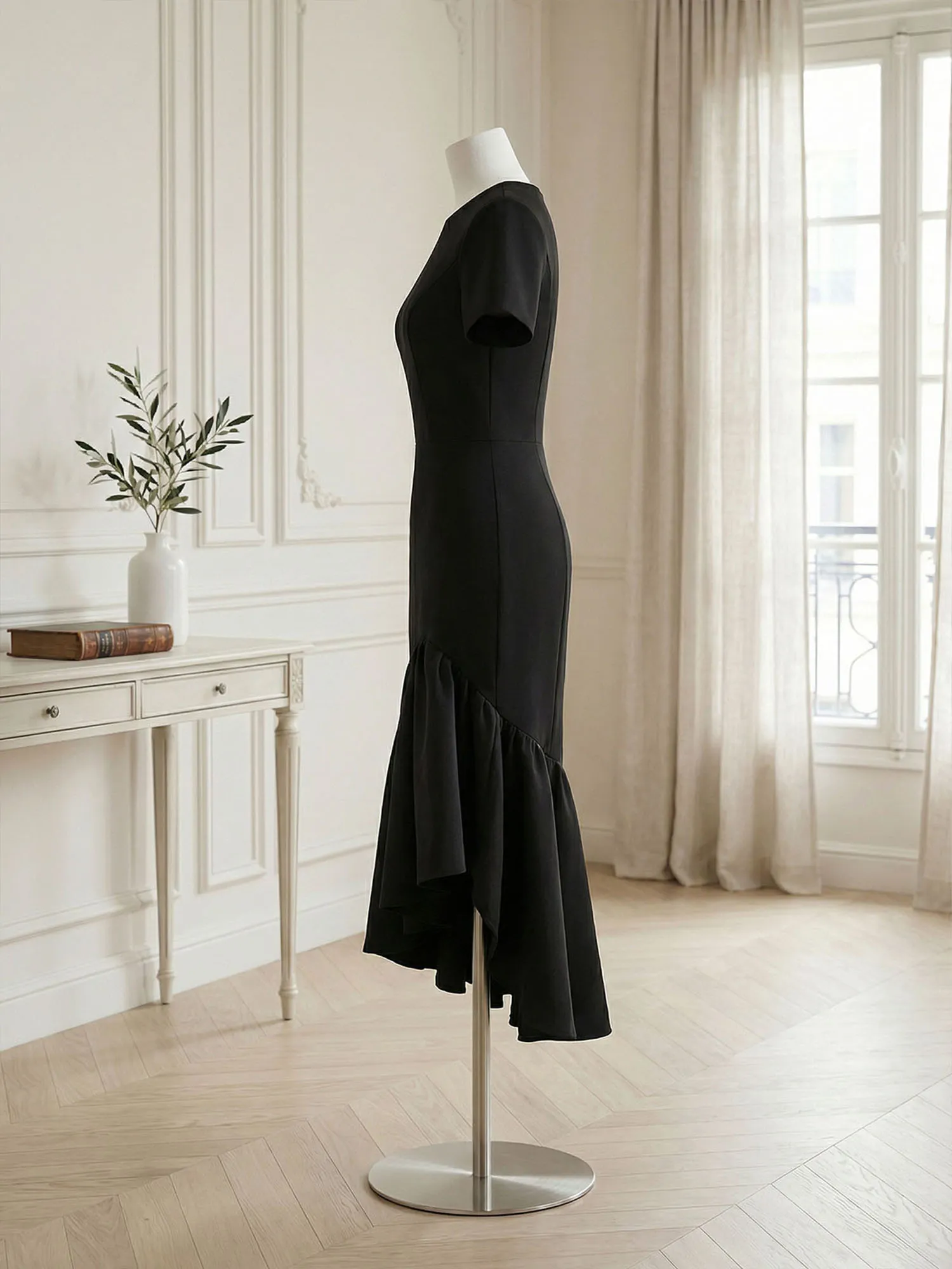 Evening Foraml Gown Avant-Garde Black Short-Sleeve Tiered Ruffle Midi Dress