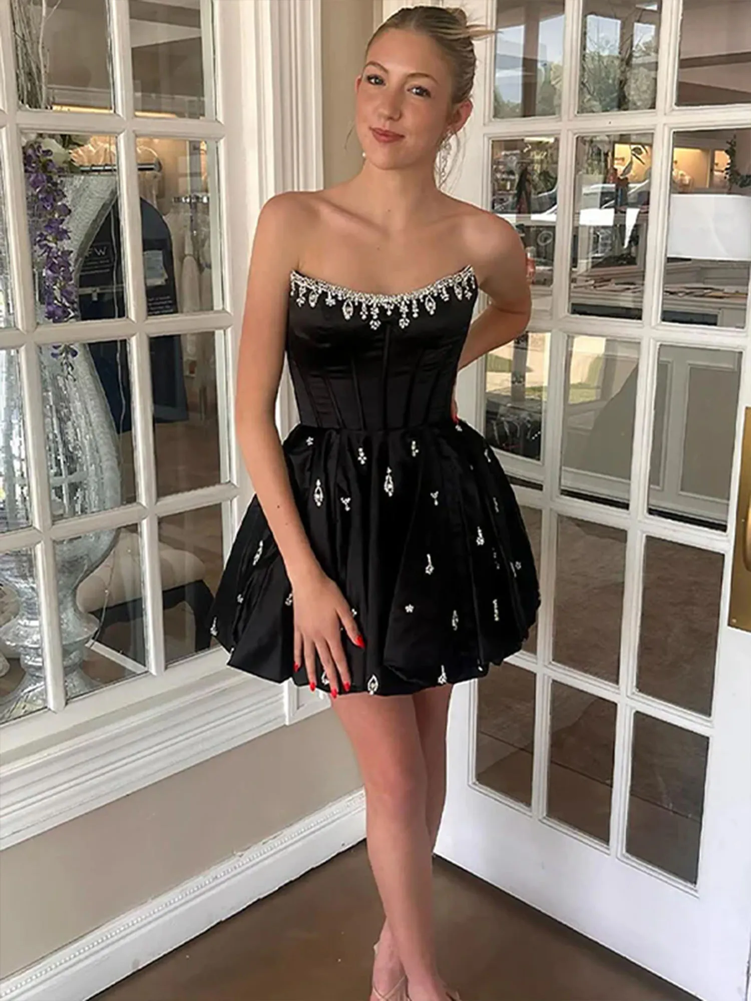 Strapless Beaded Corset Lace-Up Back Satin Homecoming Dress