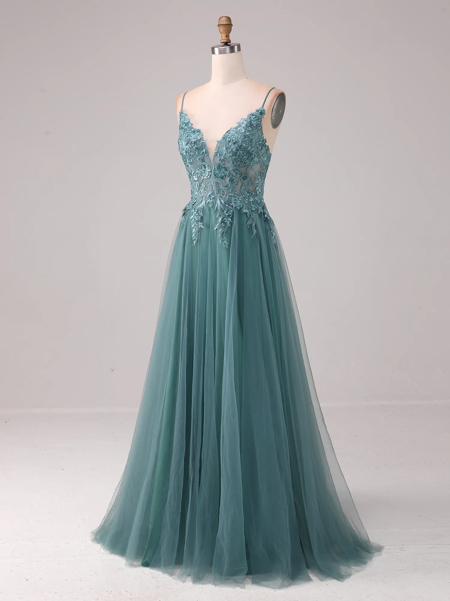 Dusty Teal Lace Appliqué Spaghetti Strap Tulle A-Line Prom Gown