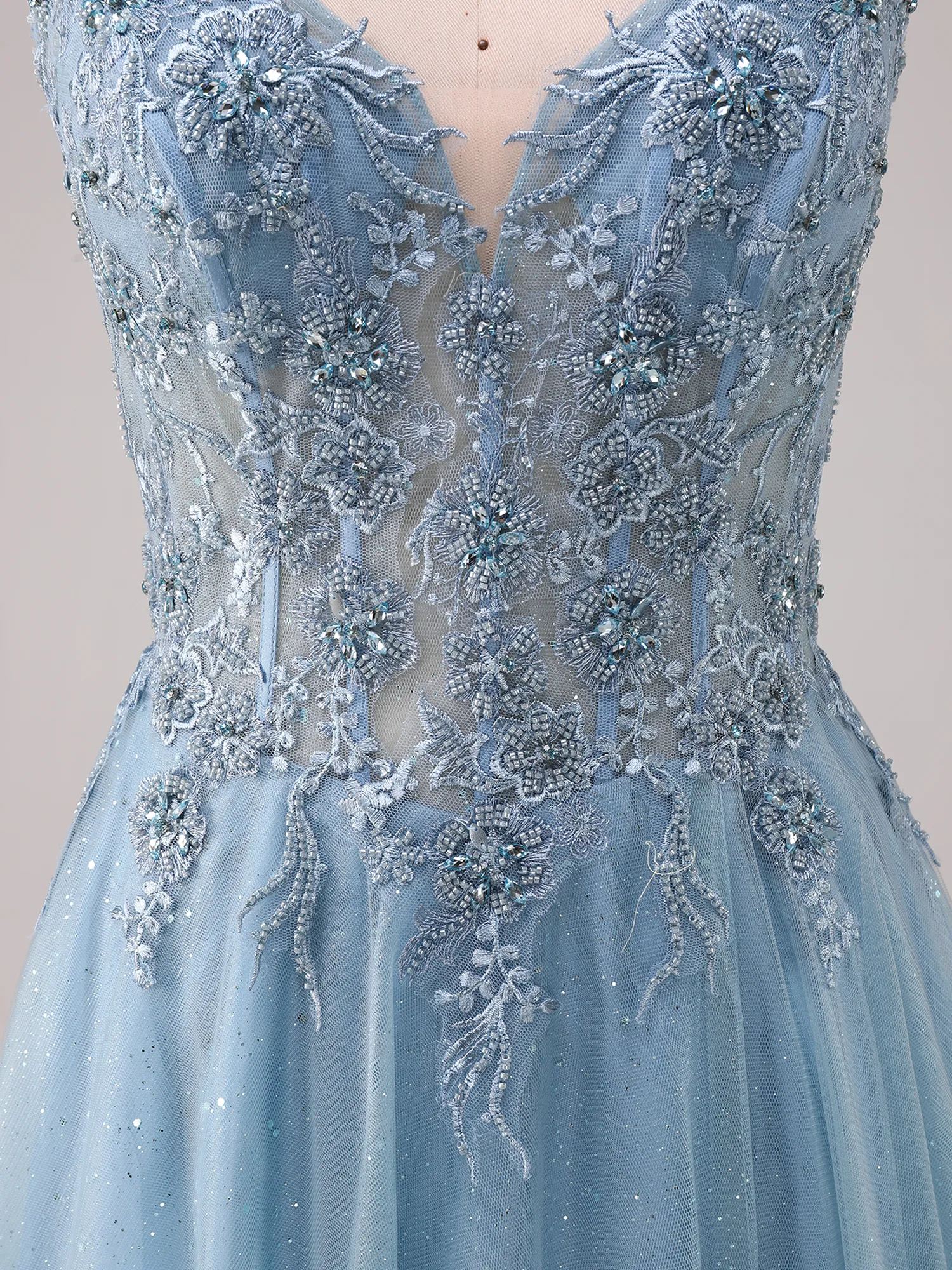 Sky Blue Spaghetti Strap Lace Appqué Glitter Tulle A-Line Prom Dress with Slit