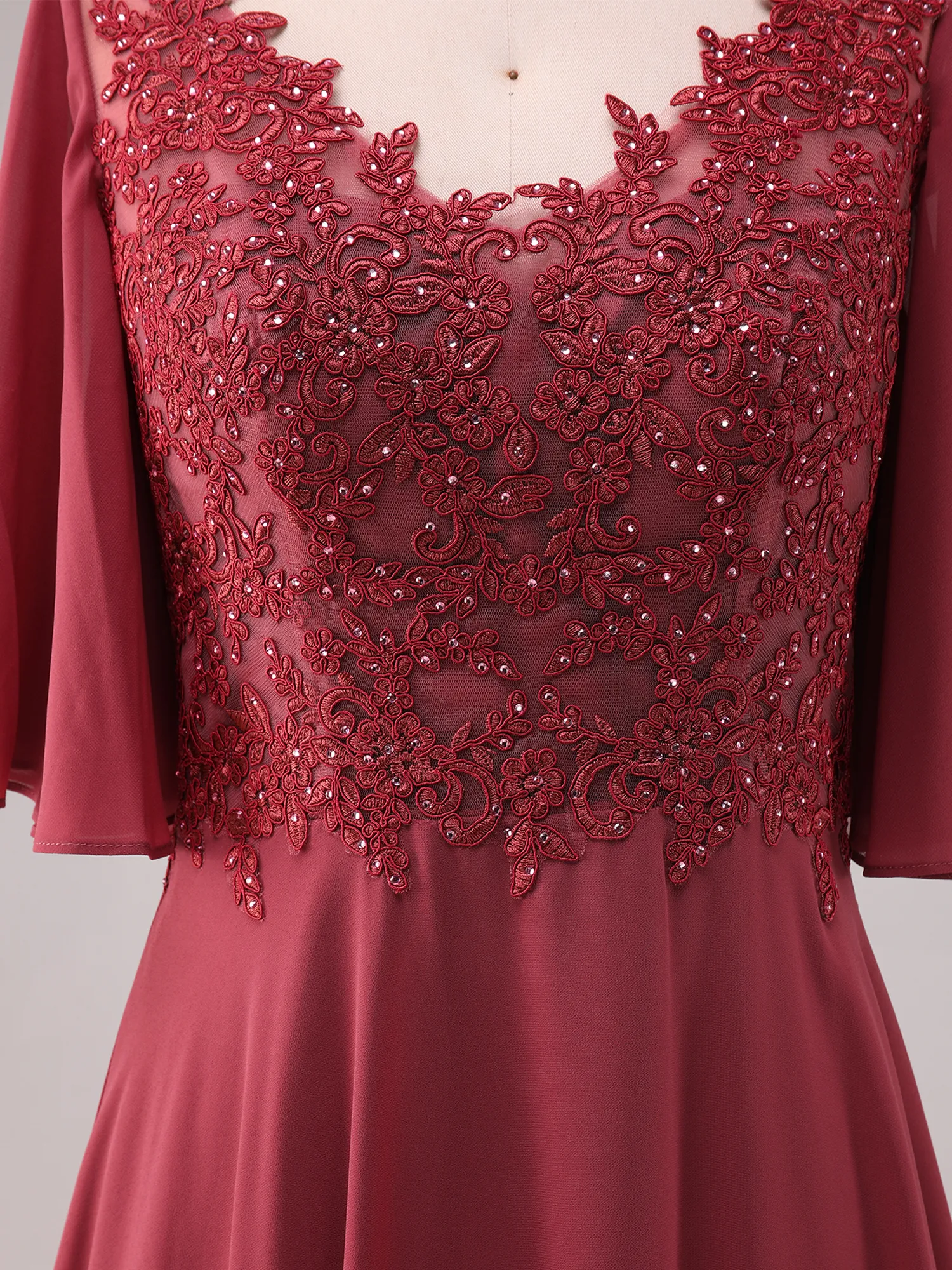 Burgundy Illusion Lace Flutter Sleeve Chiffon A-Line Mother of the Bride Dress