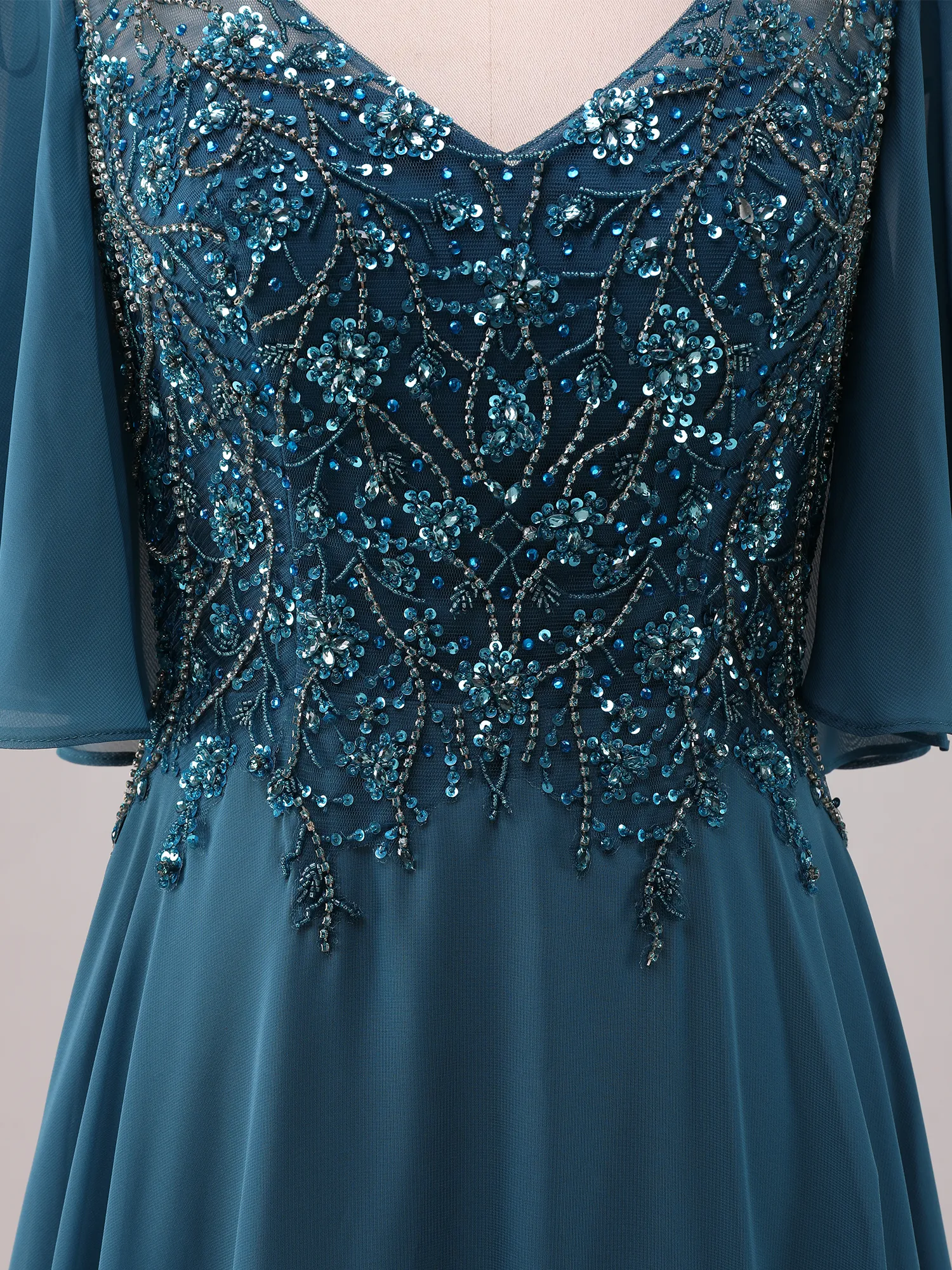 Peacock Blue Lace Appliqué Flutter Sleeve Chiffon A-Line Mother of the Bride Dress