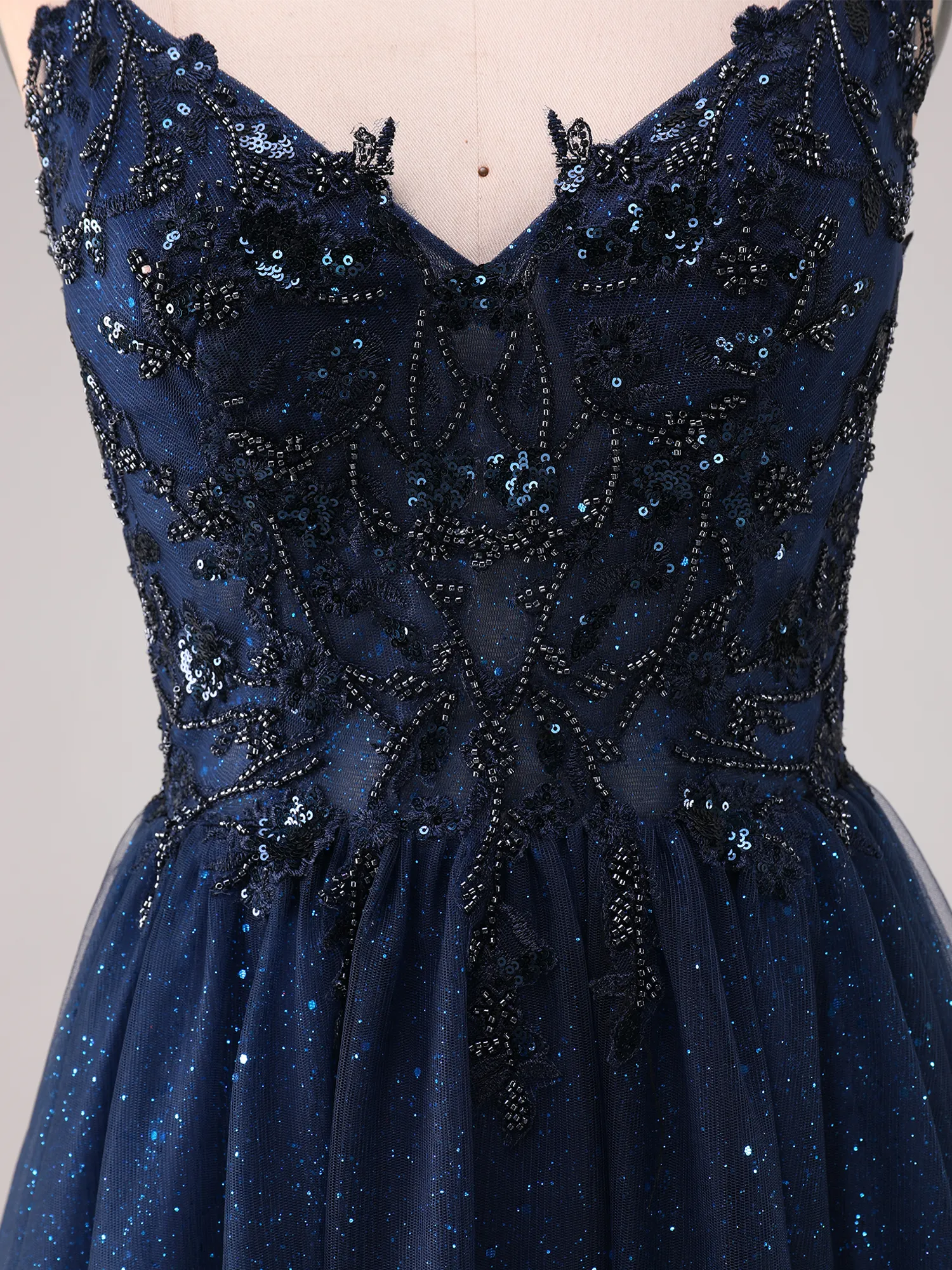 Navy Blue Spaghetti Strap Lace & Bead Glitter Tulle A-Line Prom Dress