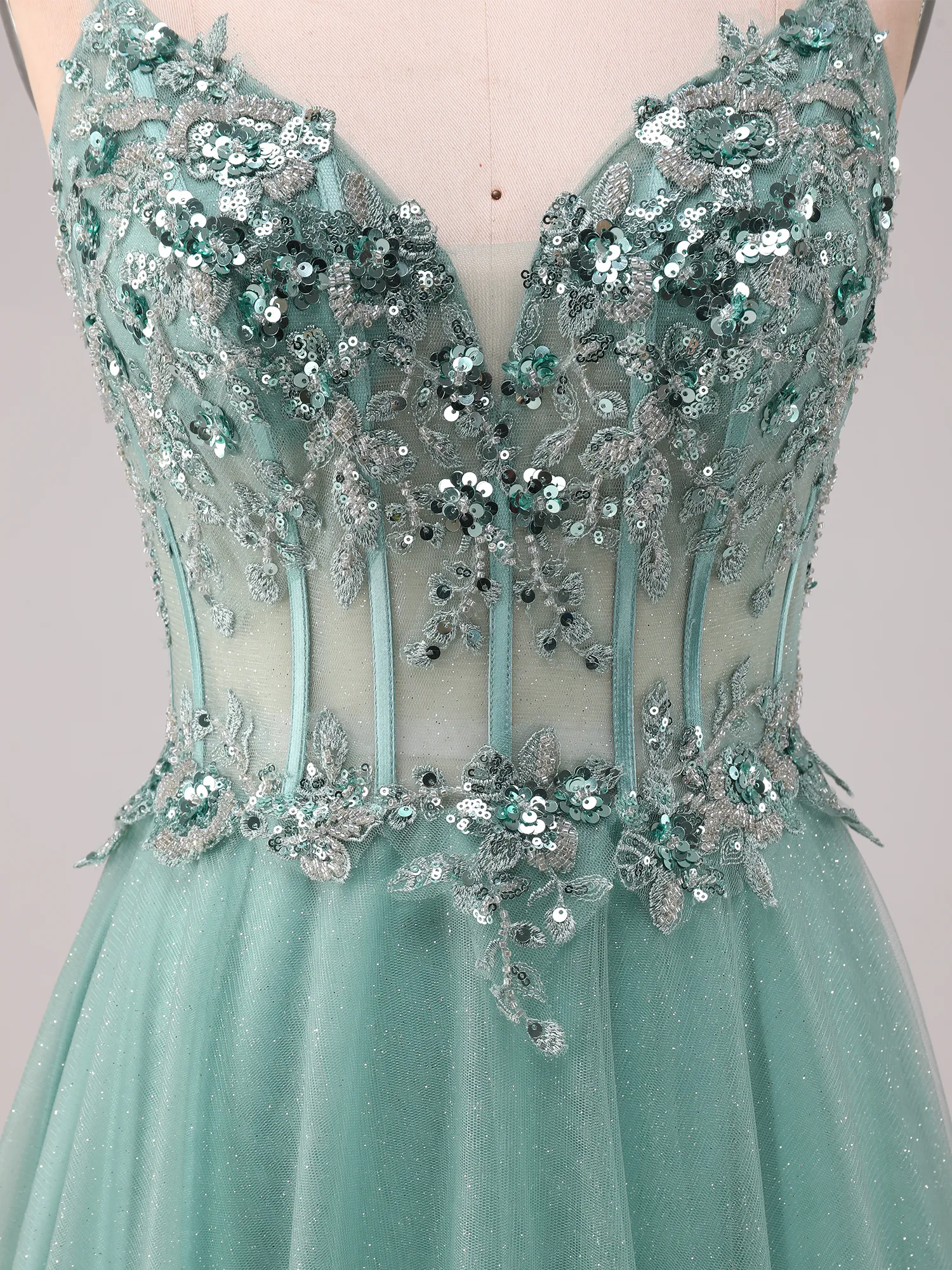 Dusty Sage Green Sequin Lace Corset Glitter Tulle A-Line Prom Dress with Crisscross Back