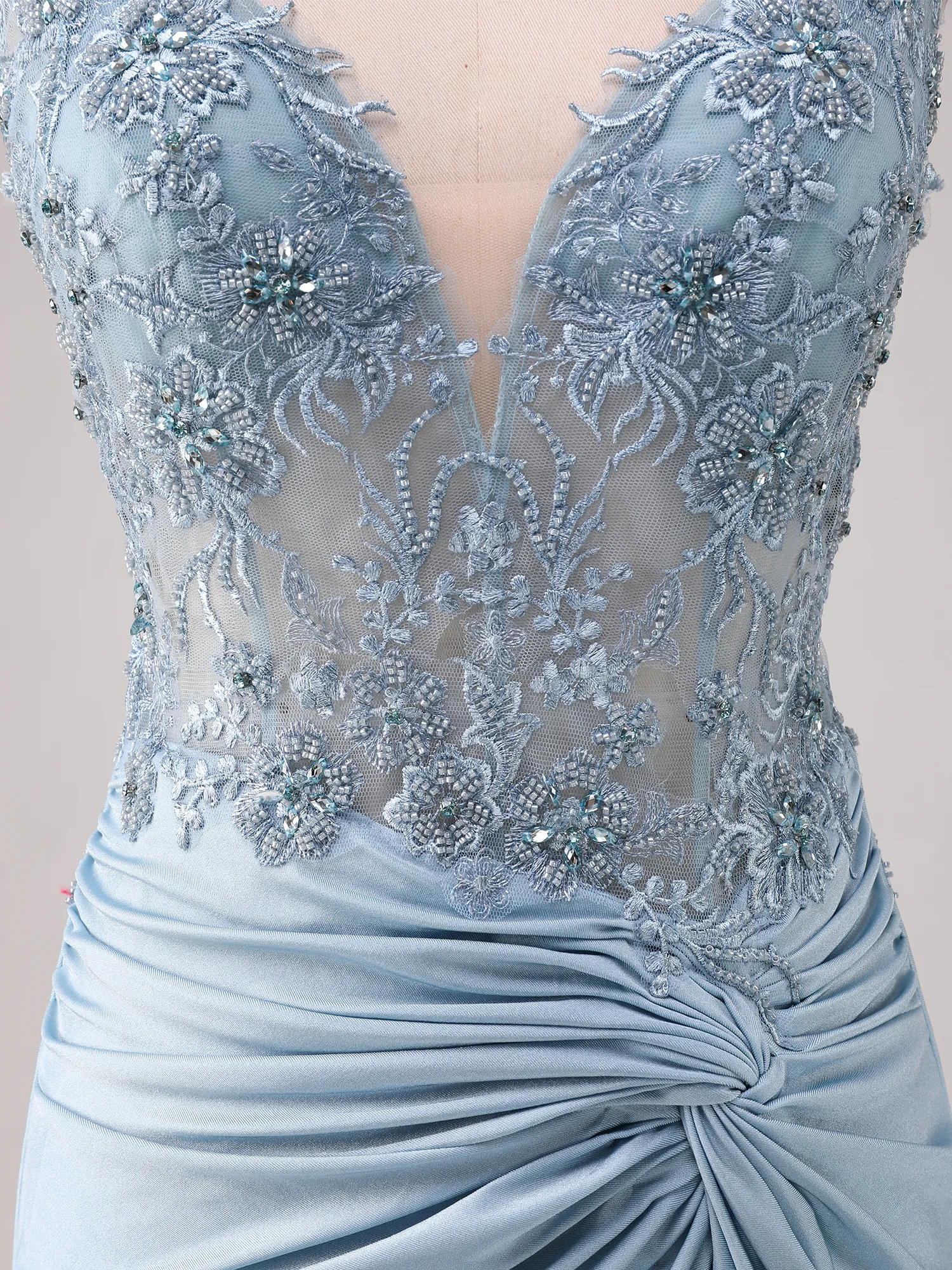 Sky Blue Lace Appqué Illusion Bodice Ruched Satin Mermaid Prom Dress
