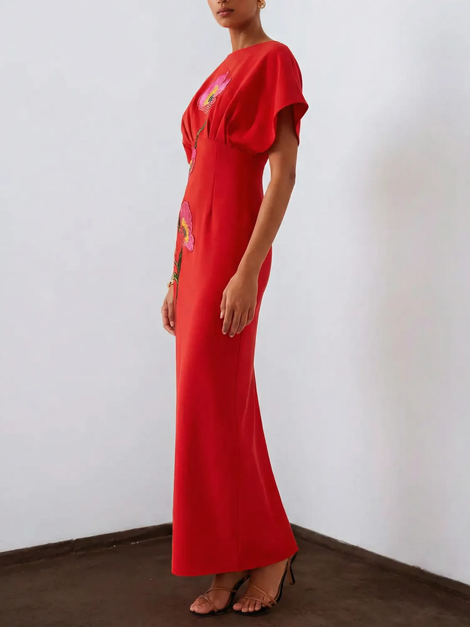Floral Embroidered Boat Neck Batwing Sleeve Column Evening Gown