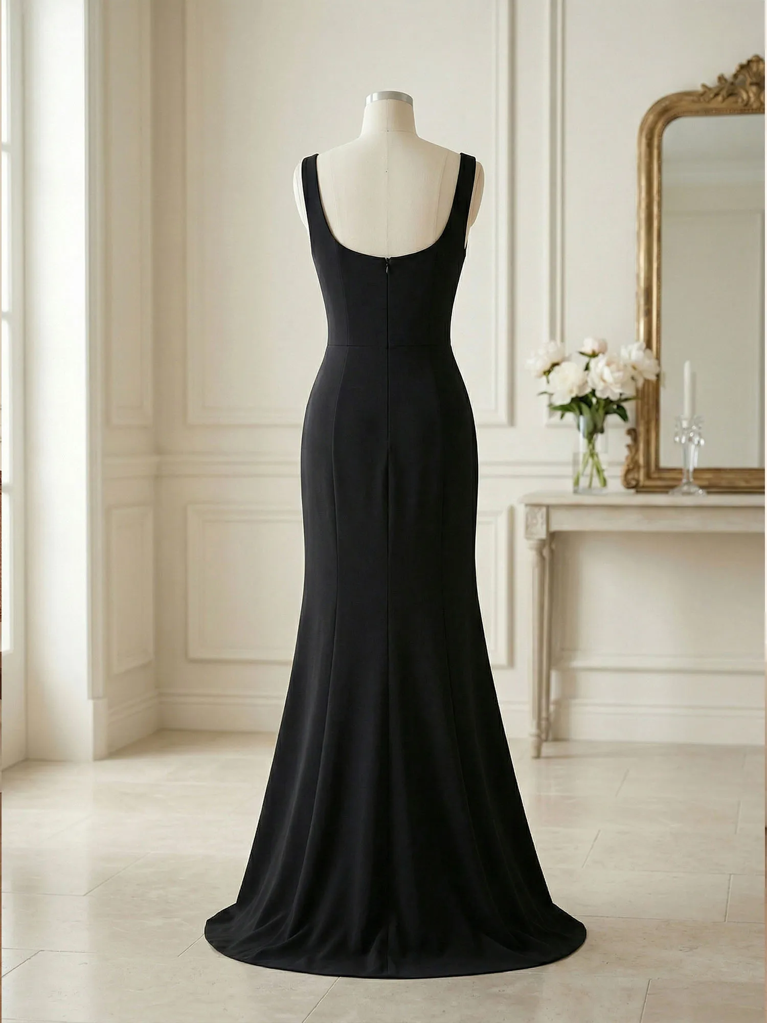 Square Neck Crystal Rose Appliqué Crepe Mermaid Evening Gown