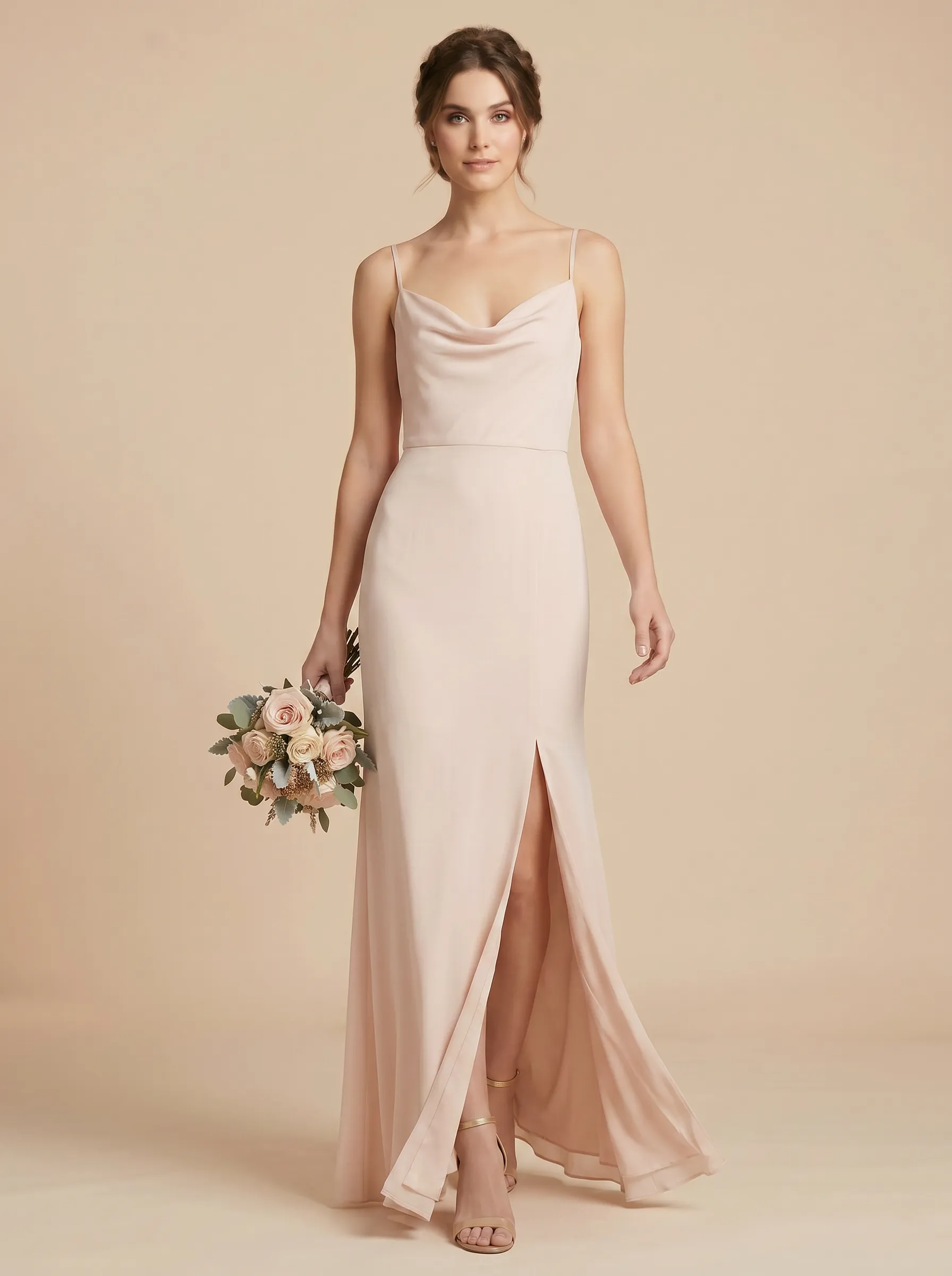 Blush Pink Cowl Neck Spaghetti Strap Chiffon Bridesmaid Dress with Slit