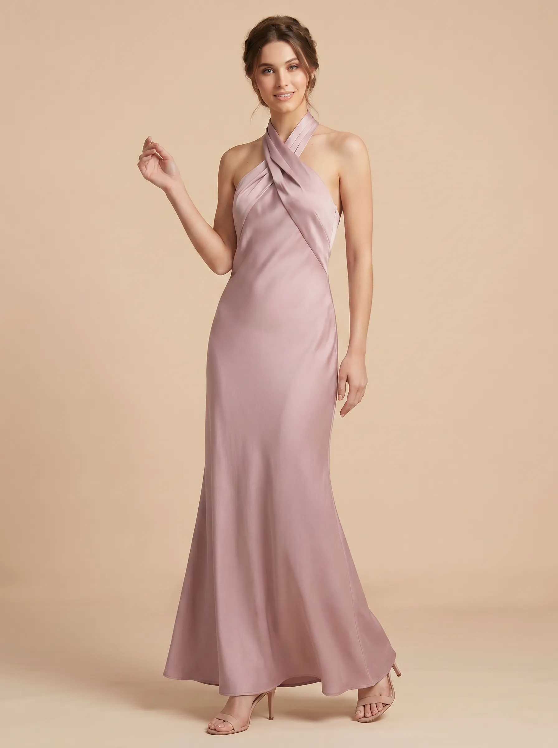 Dusty Rose Cross Halter Neck Satin Mermaid Bridesmaid Dress