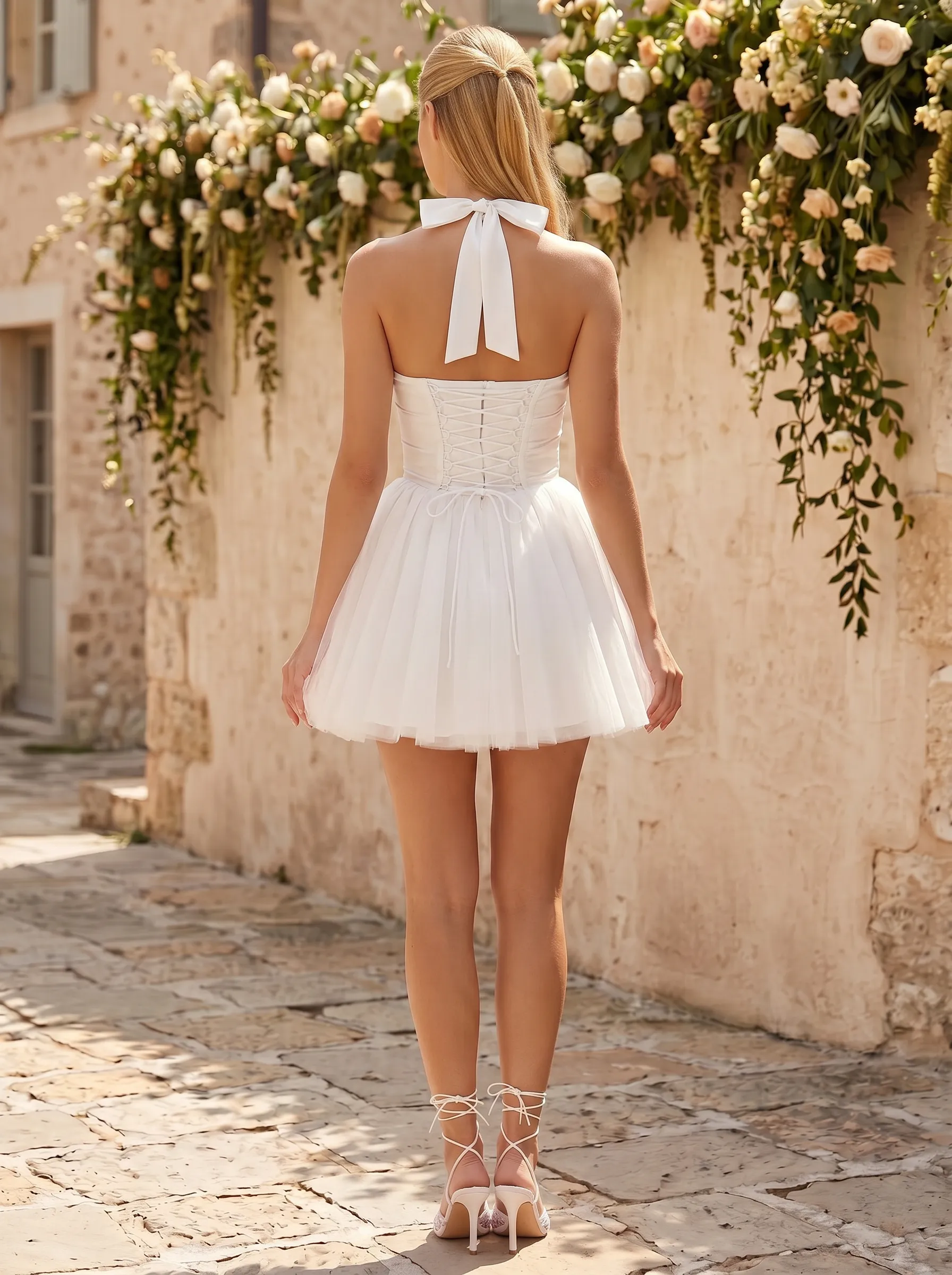 Halter Corset Tulle A-Line Homecoming Dress with Bow Detail