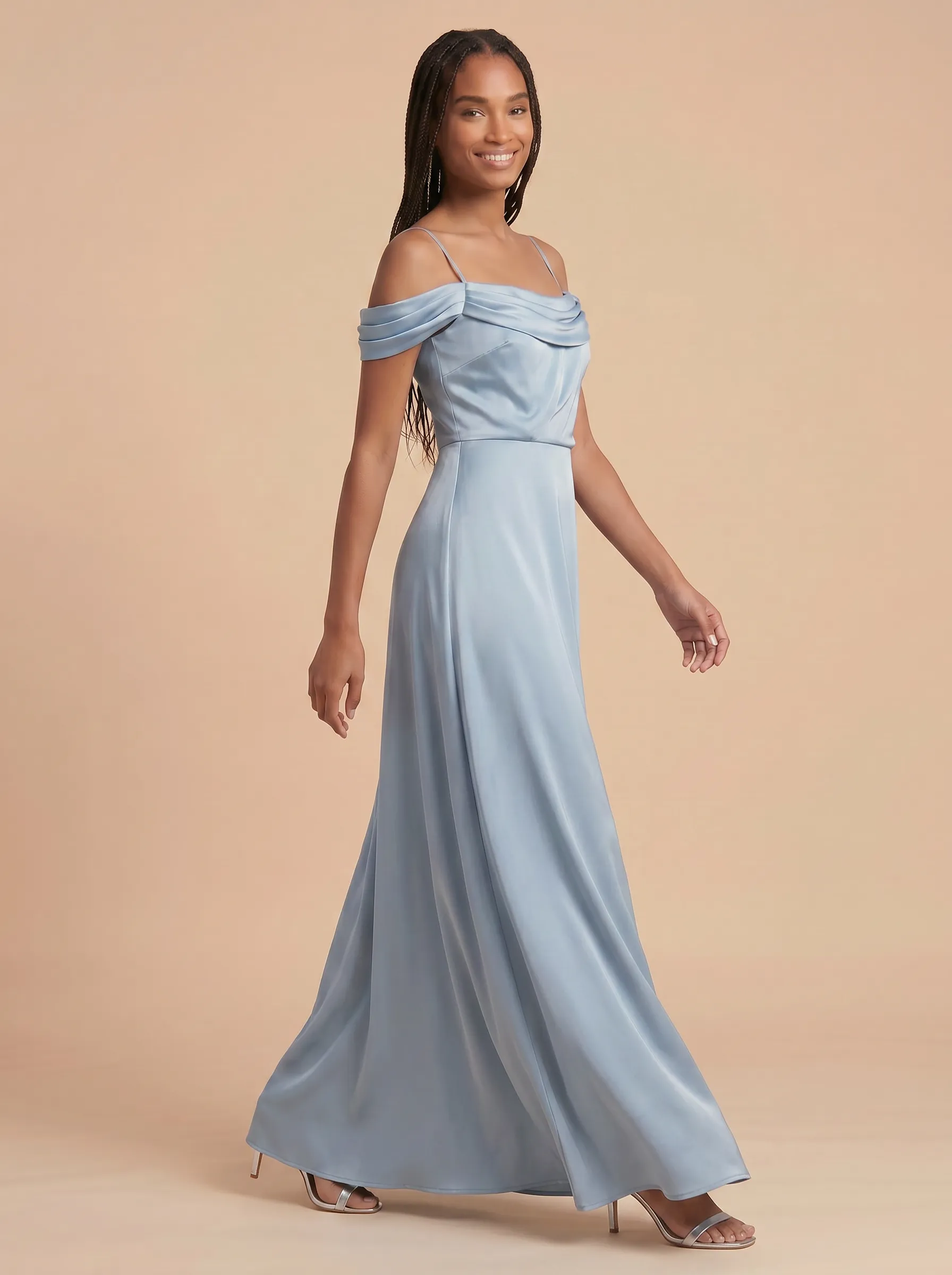 Dusty Blue Off-the-Shoulder Draped Satin A-Line Bridesmaid Dress