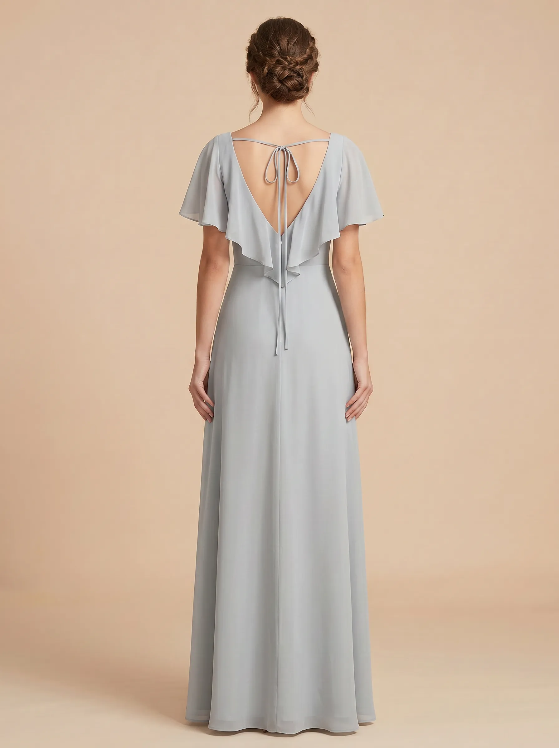 Dusty Blue V-Neck Flutter Sleeve Chiffon Bridesmaid Dress with Slit & Tie-Back