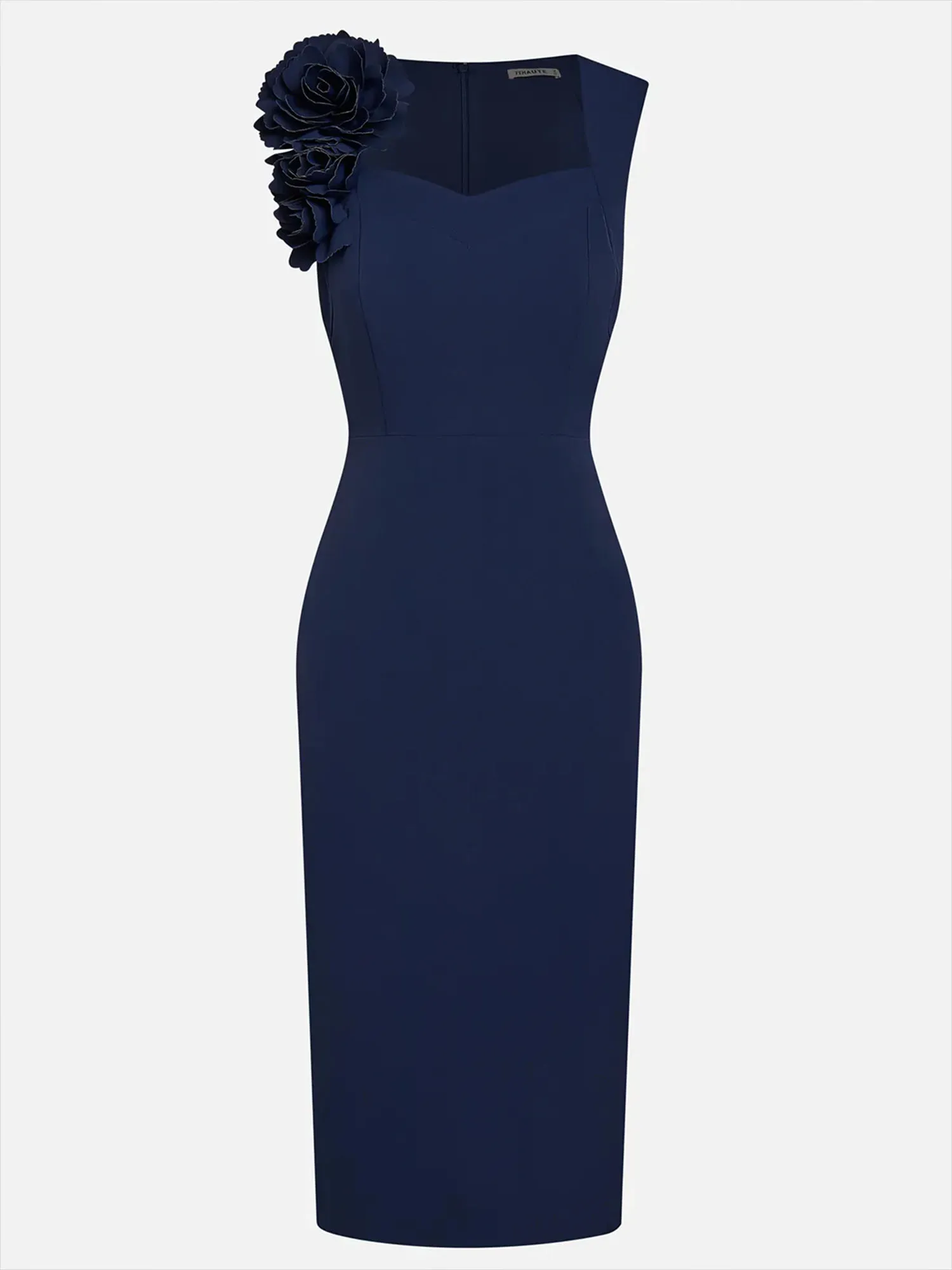 Asymmetric Neckline Crepe Midi Dress with 3D Floral Appliqué