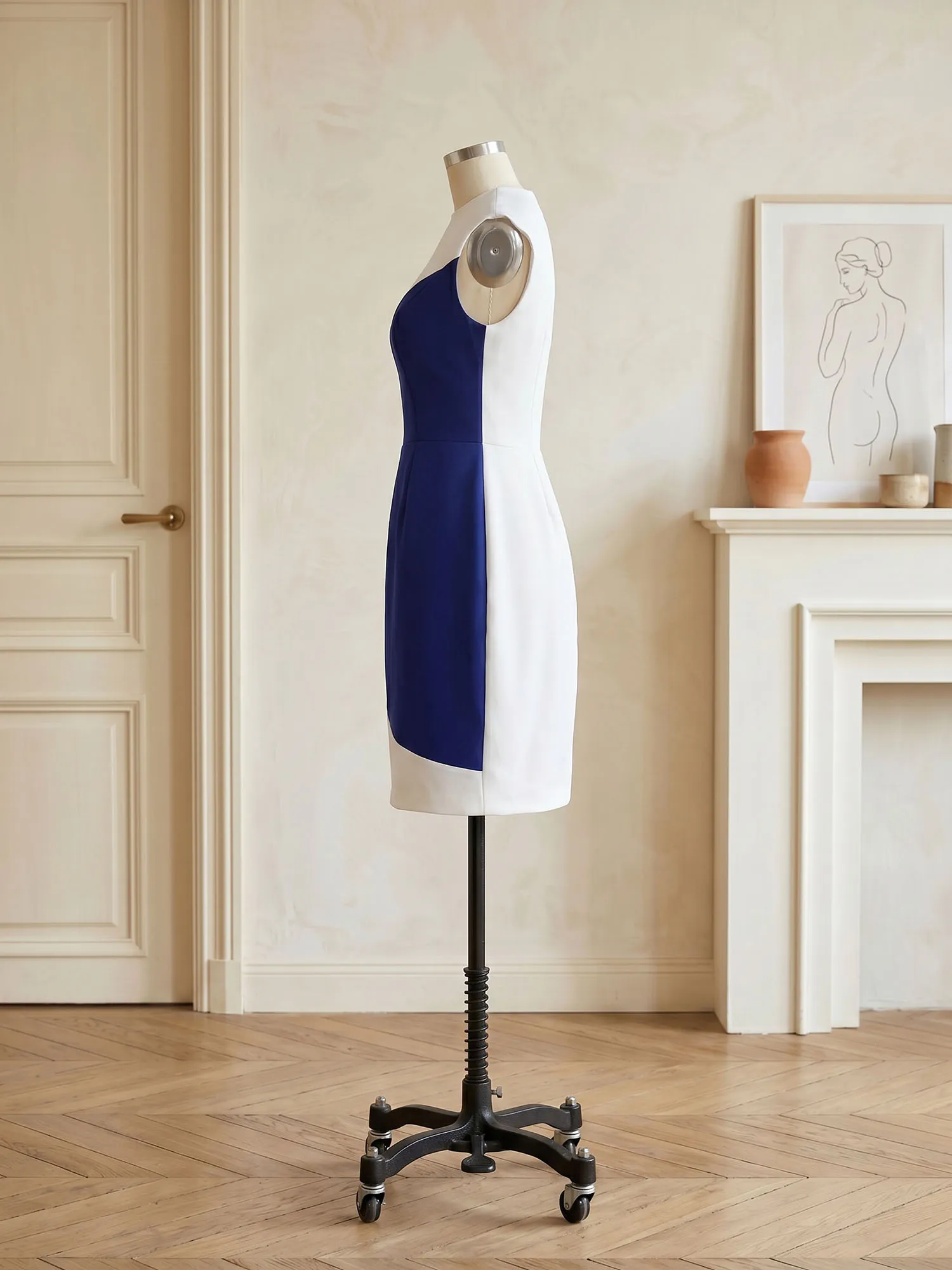Color-Block Round Neck Sheath Evening Midi Dress