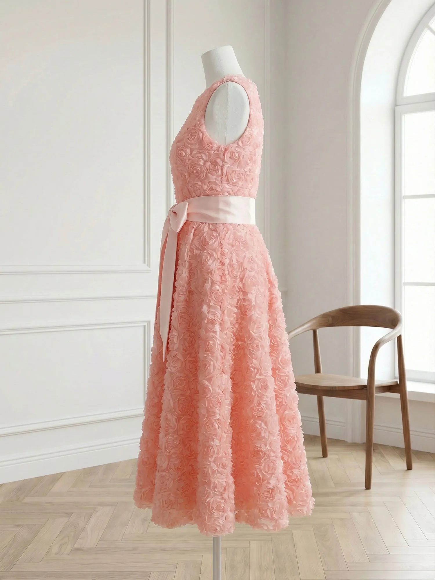 Sleeveless 3D Rose Midi Evening Dress with Satin Bow Sash