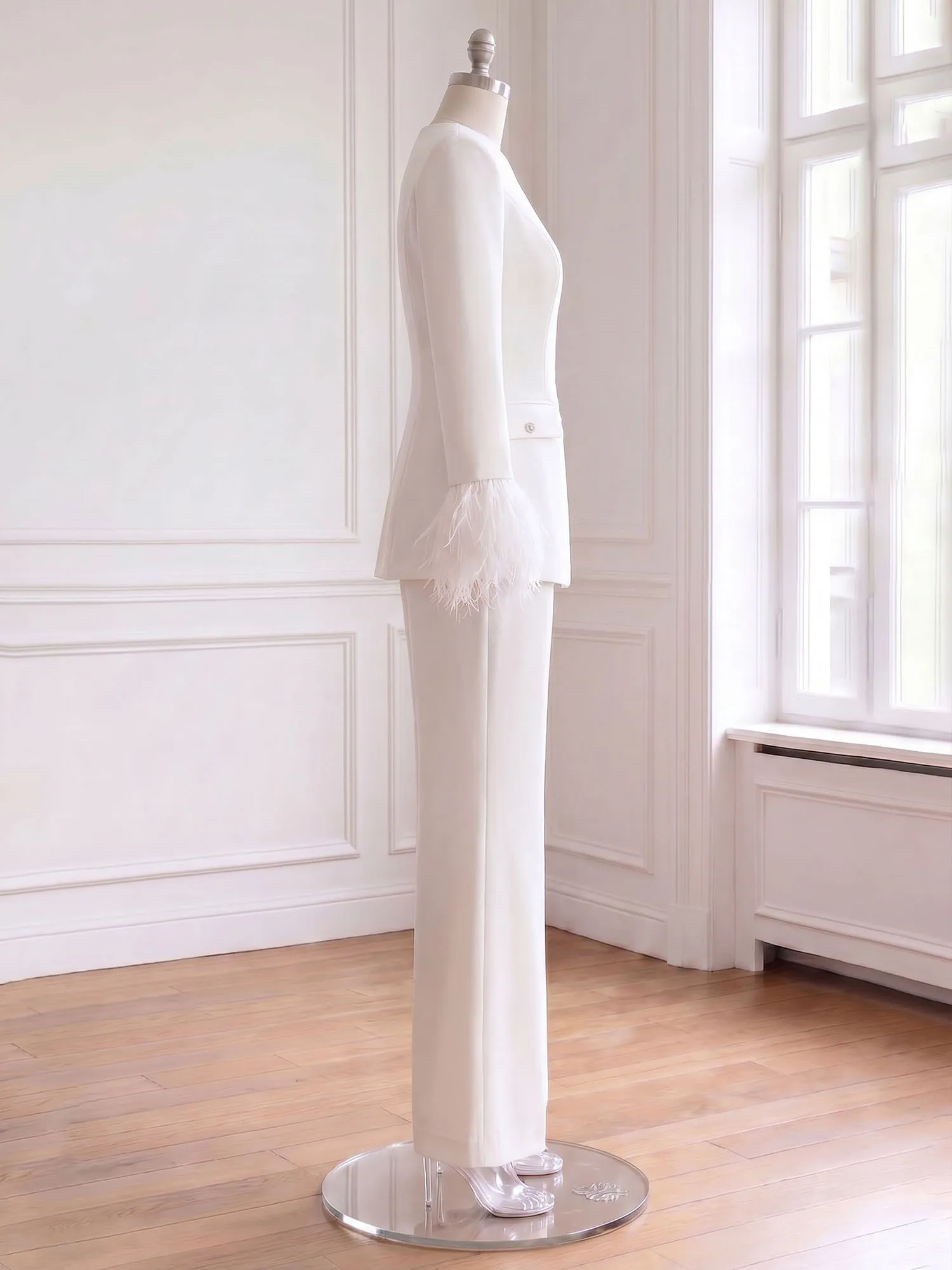 Scoop Neck Feather Cuff Tailored Evening Pant Suit