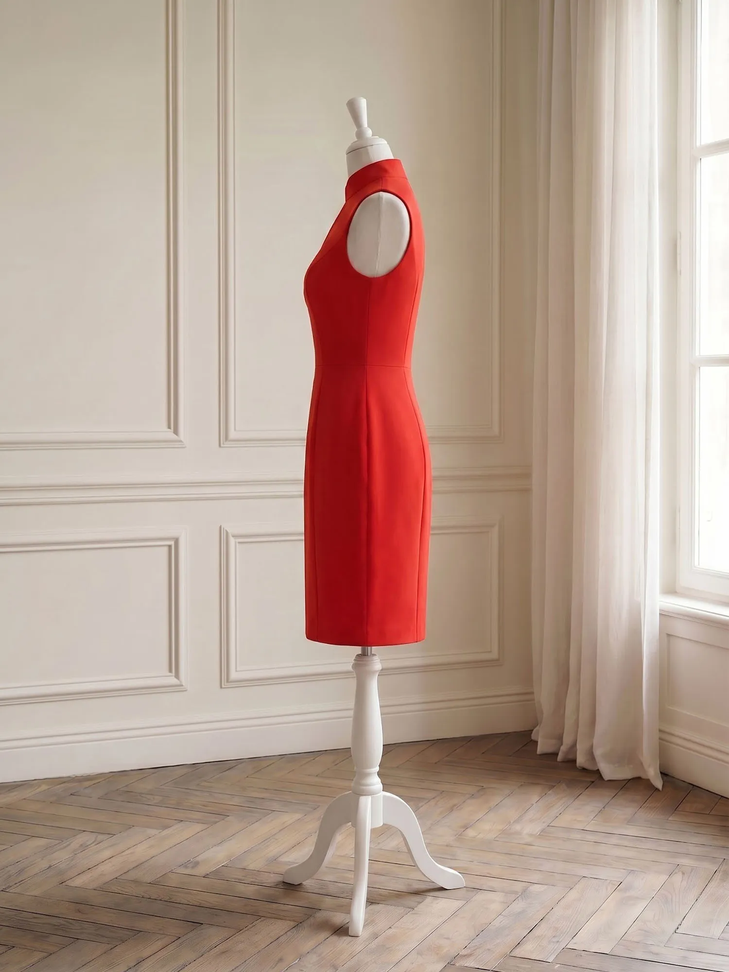 Stand Collar Keyhole Neck Crepe Sheath Evening Dress