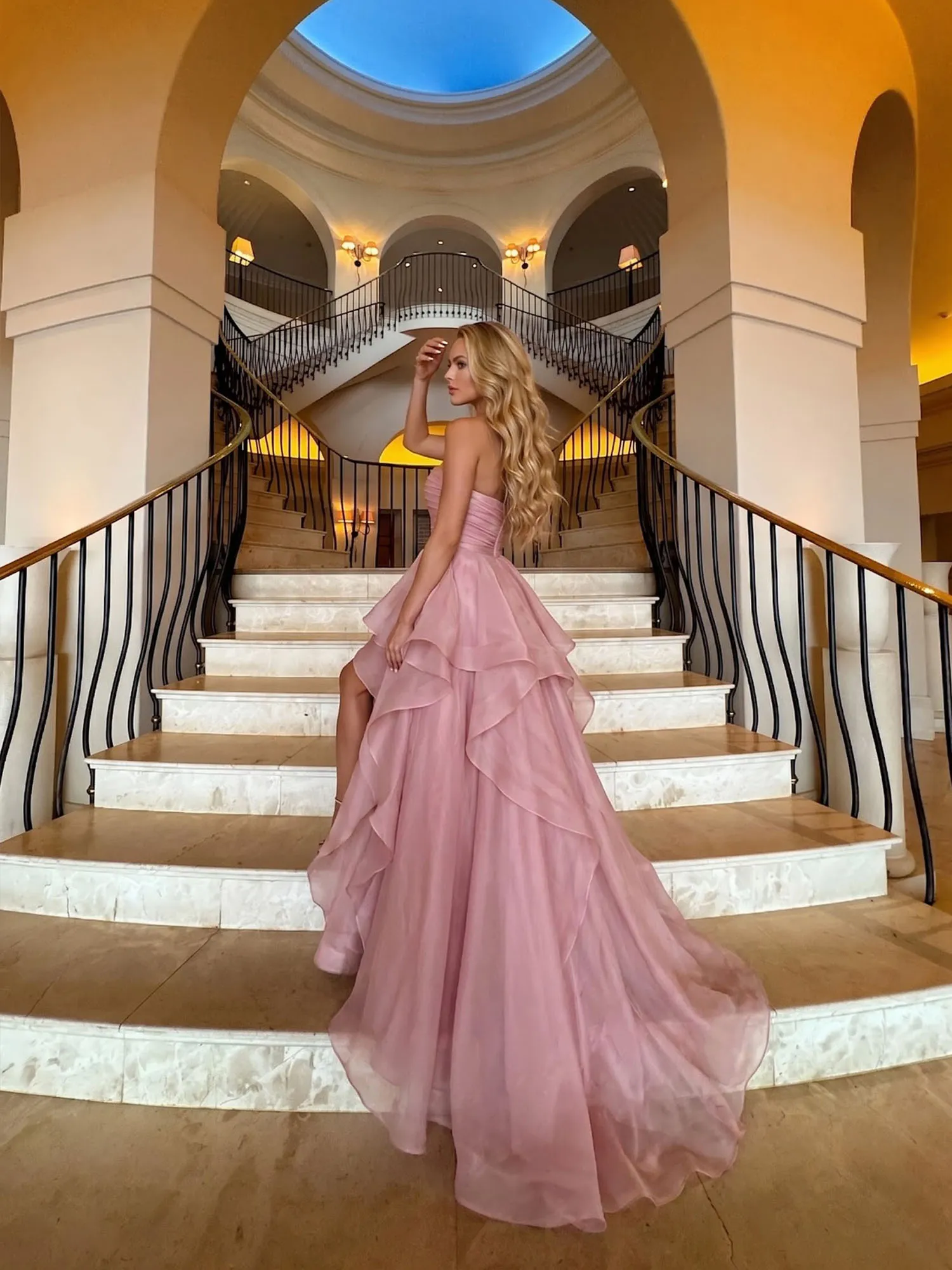 Strapless Tiered Organza Evening Gown with High Slit